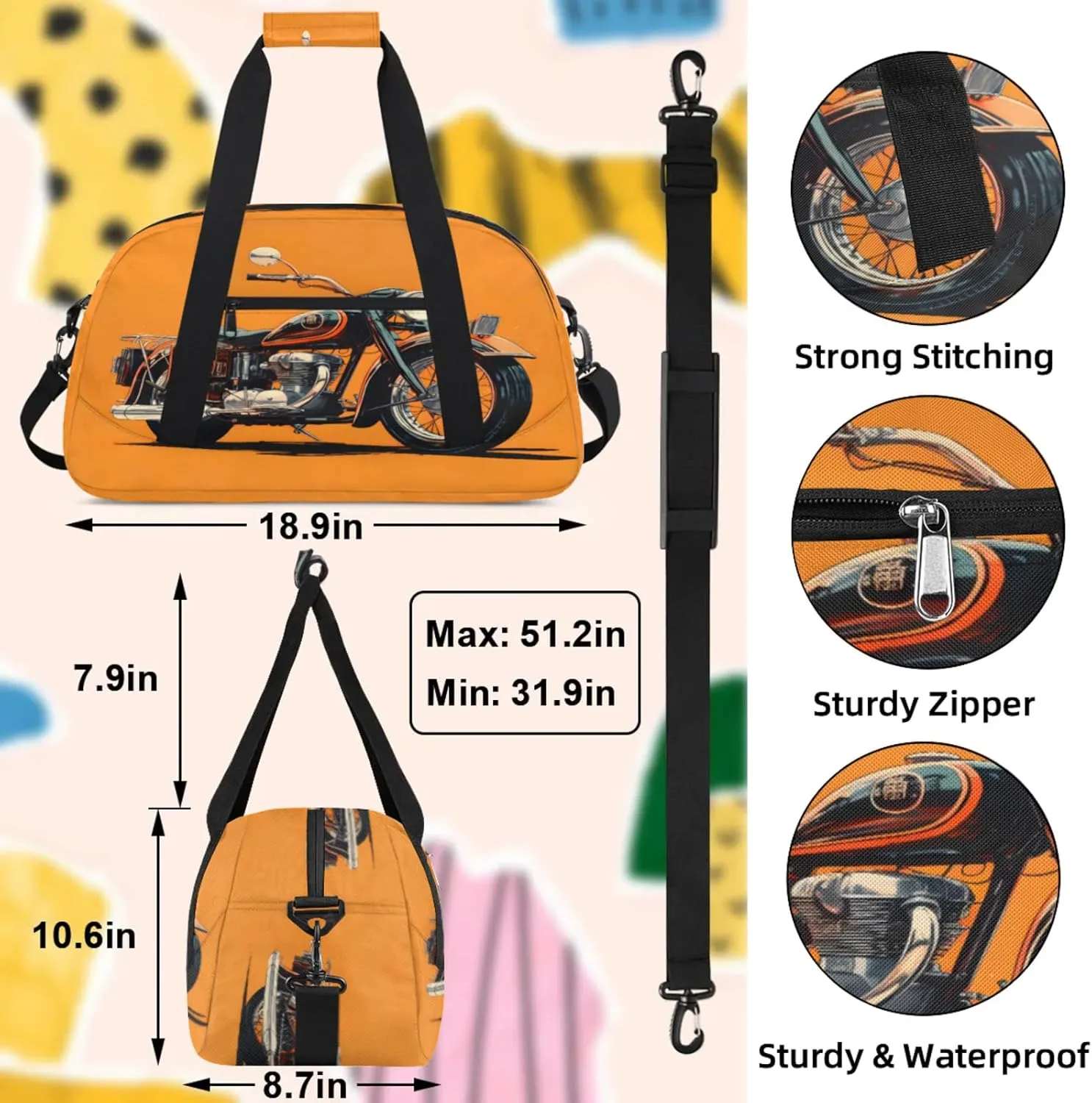 Motorcycle Theme Small Gym Bag 18 inch Carry On Duffel Bag for Weekender Travel Sports Workout Yoga Gymnastics Dance Ballet