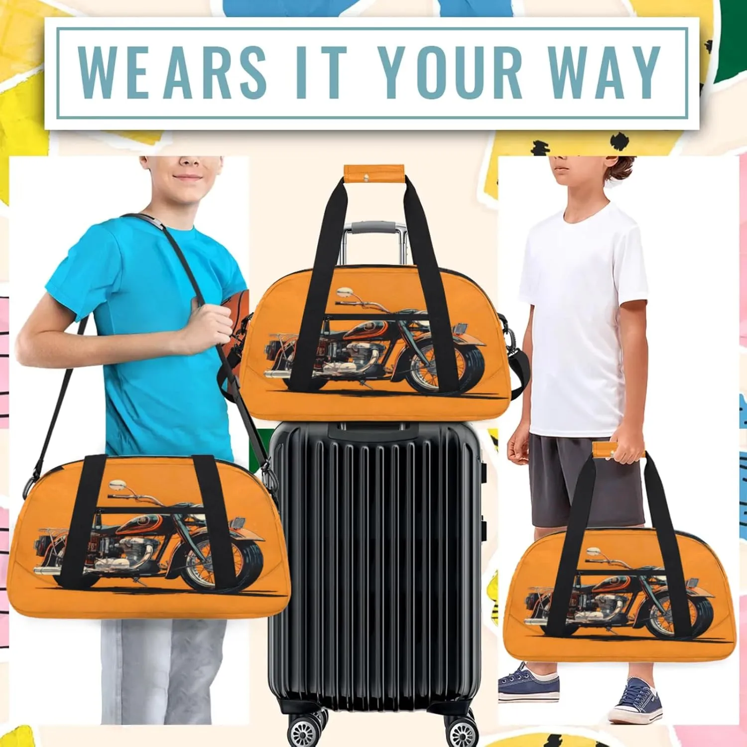 Motorcycle Theme Small Gym Bag 18 inch Carry On Duffel Bag for Weekender Travel Sports Workout Yoga Gymnastics Dance Ballet