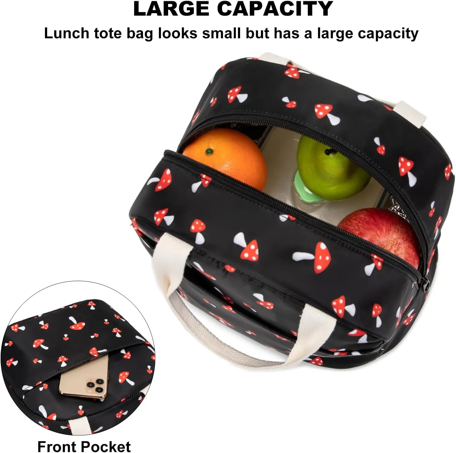 Mushroom Insulated Lunch Bag for Women Grils, Reusable Tote Lunch Box for Work School Picnic Travel