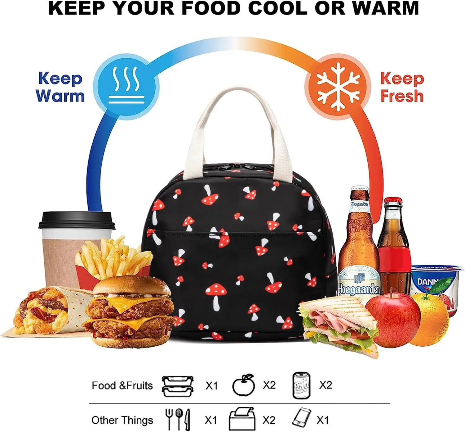 Mushroom Insulated Lunch Bag for Women Grils, Reusable Tote Lunch Box for Work School Picnic Travel