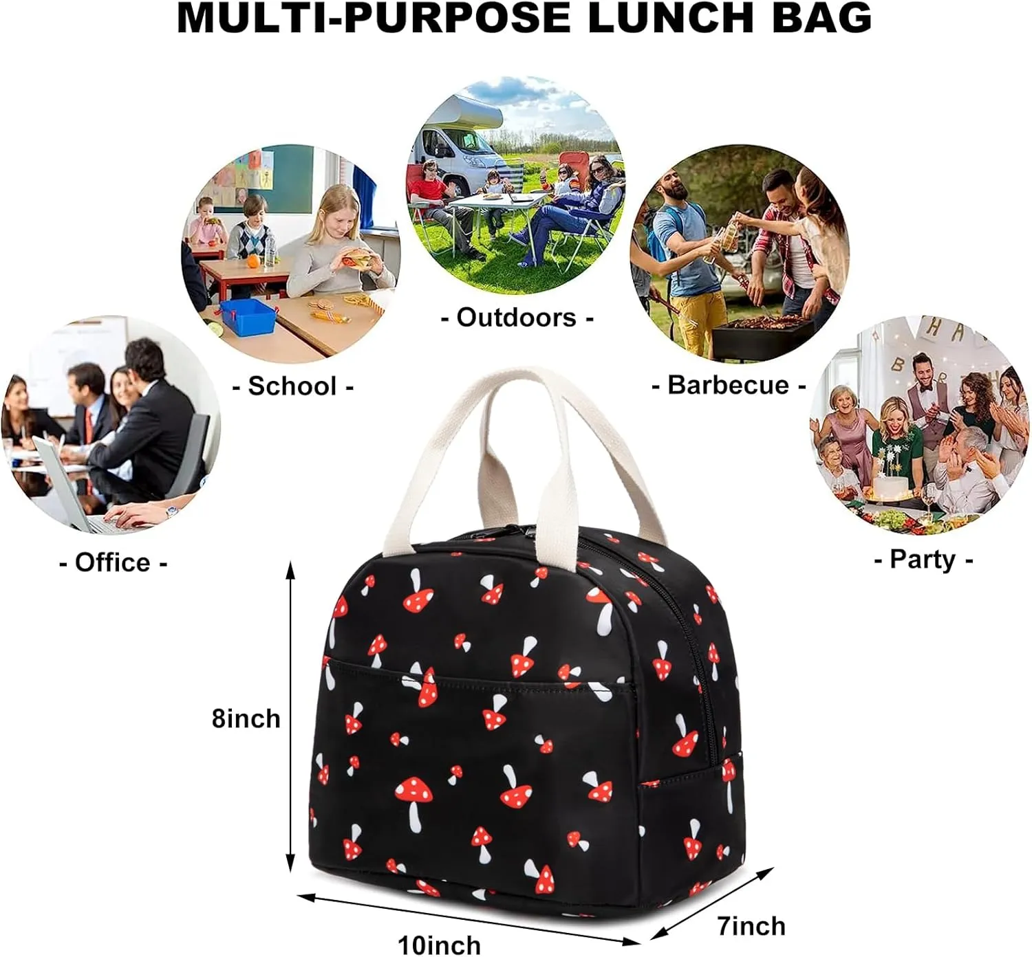 Mushroom Insulated Lunch Bag for Women Grils, Reusable Tote Lunch Box for Work School Picnic Travel