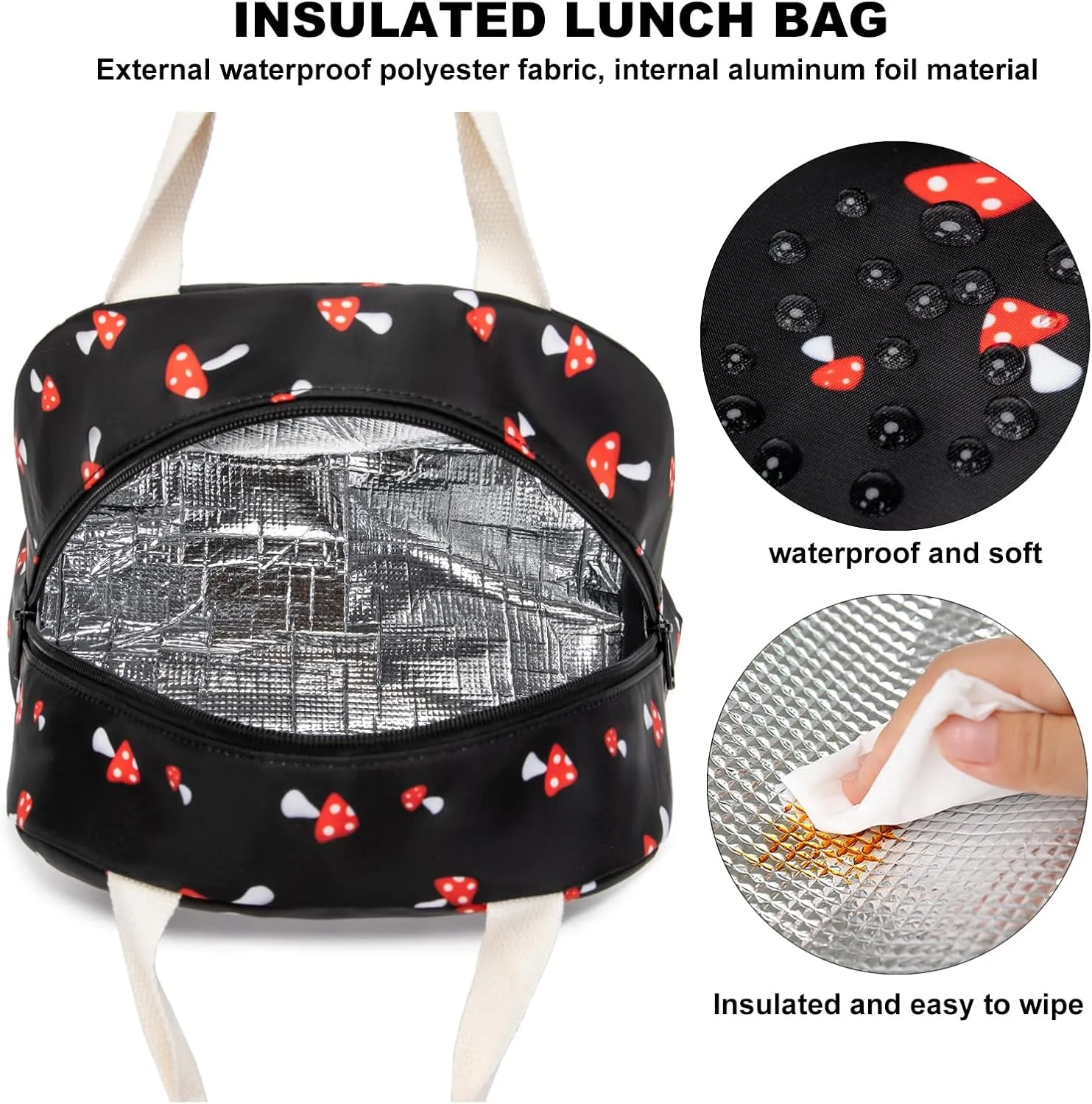 Mushroom Insulated Lunch Bag for Women Grils, Reusable Tote Lunch Box for Work School Picnic Travel