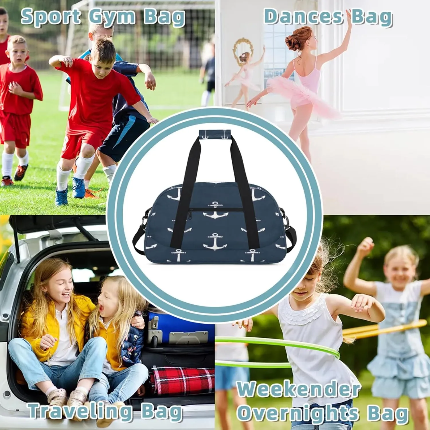 Nautical Navy Blue Anchor Small Gym Bag 18 inch Carry On Duffel Bag for Weekender Travel Sports Workout Yoga Gymnastics Dance Ballet