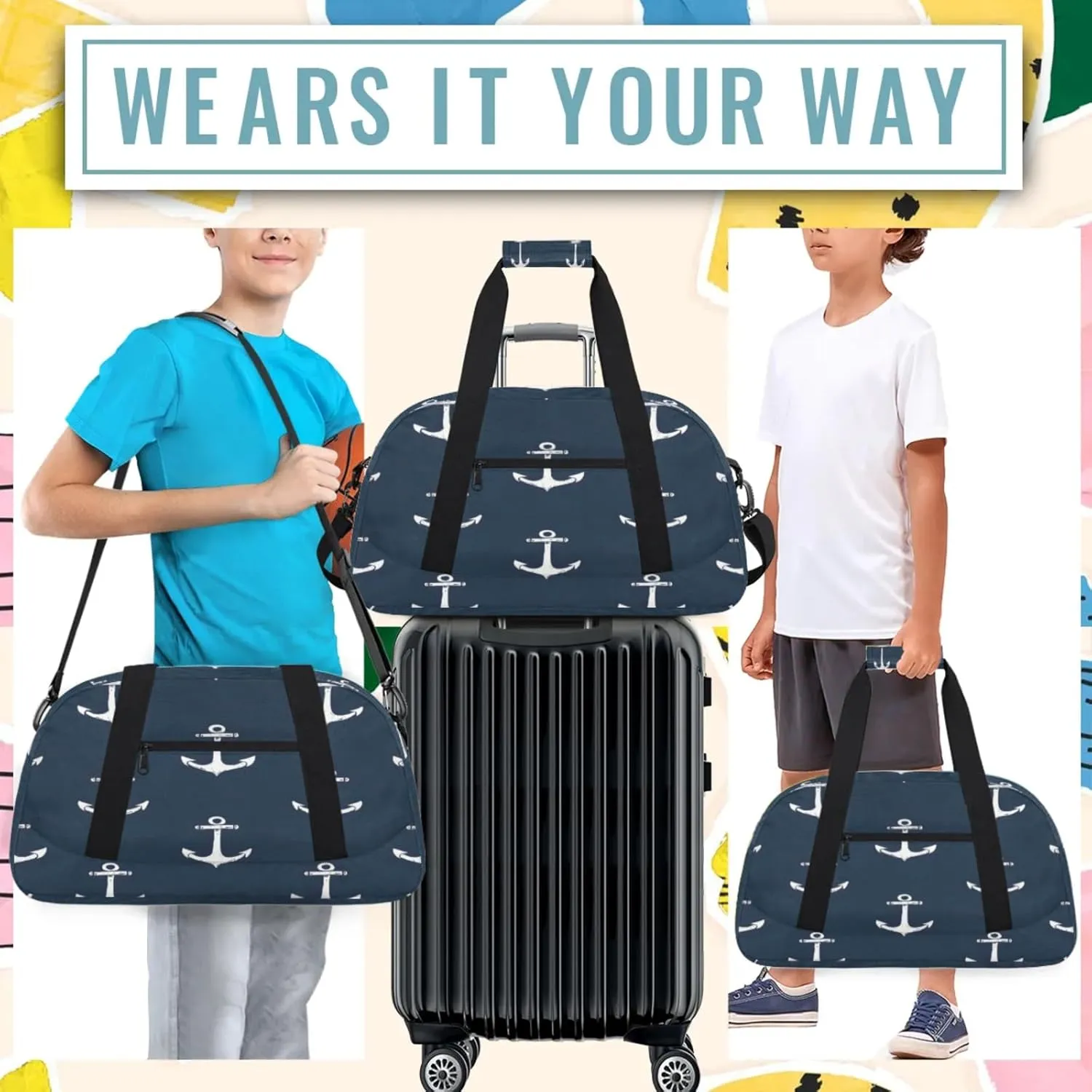 Nautical Navy Blue Anchor Small Gym Bag 18 inch Carry On Duffel Bag for Weekender Travel Sports Workout Yoga Gymnastics Dance Ballet