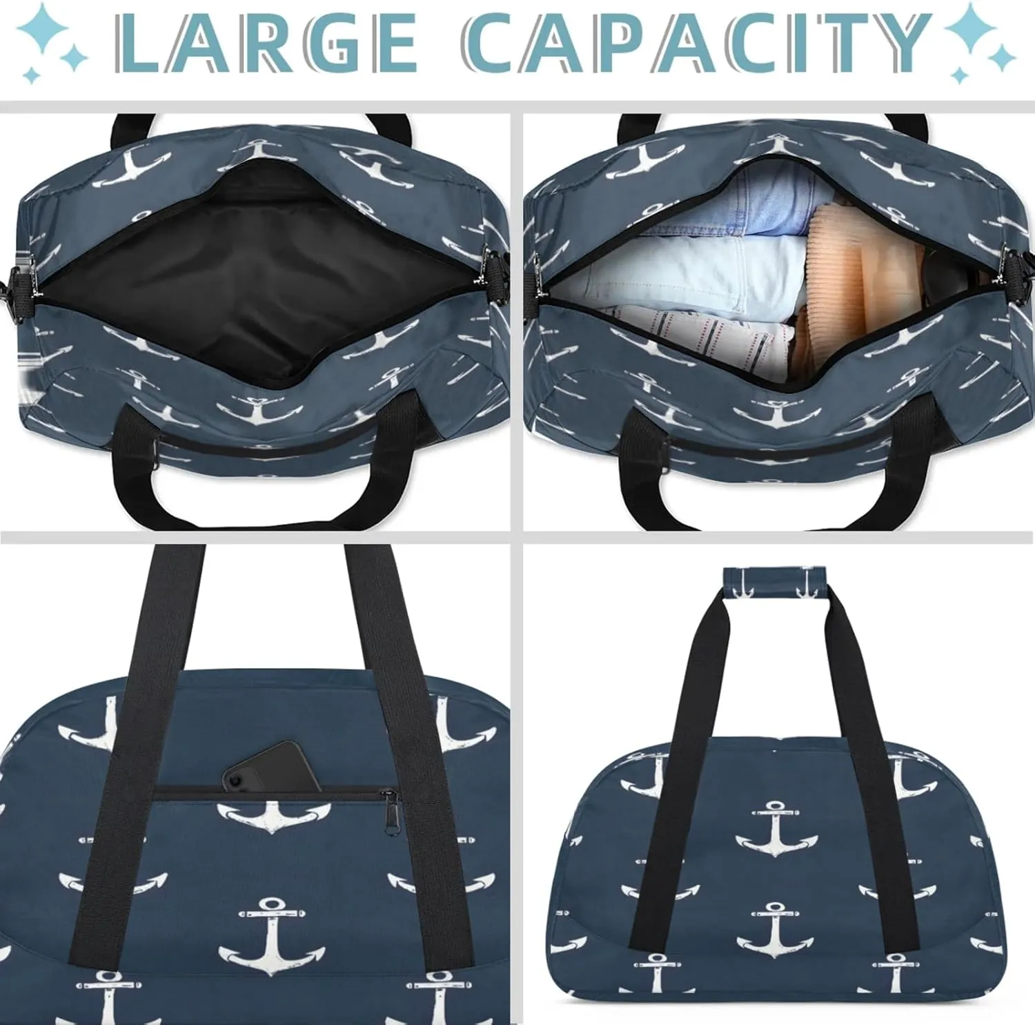 Nautical Navy Blue Anchor Small Gym Bag 18 inch Carry On Duffel Bag for Weekender Travel Sports Workout Yoga Gymnastics Dance Ballet