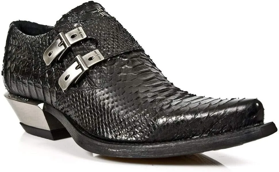 New Rock 7934-S2 Mens Embossed Black Leather Buckle Steel Heel Shoes Boot