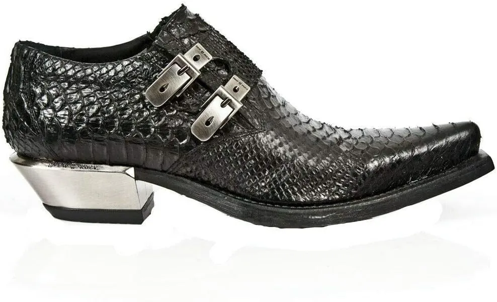 New Rock 7934-S2 Mens Embossed Black Leather Buckle Steel Heel Shoes Boot