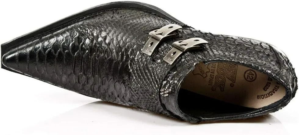 New Rock 7934-S2 Mens Embossed Black Leather Buckle Steel Heel Shoes Boot