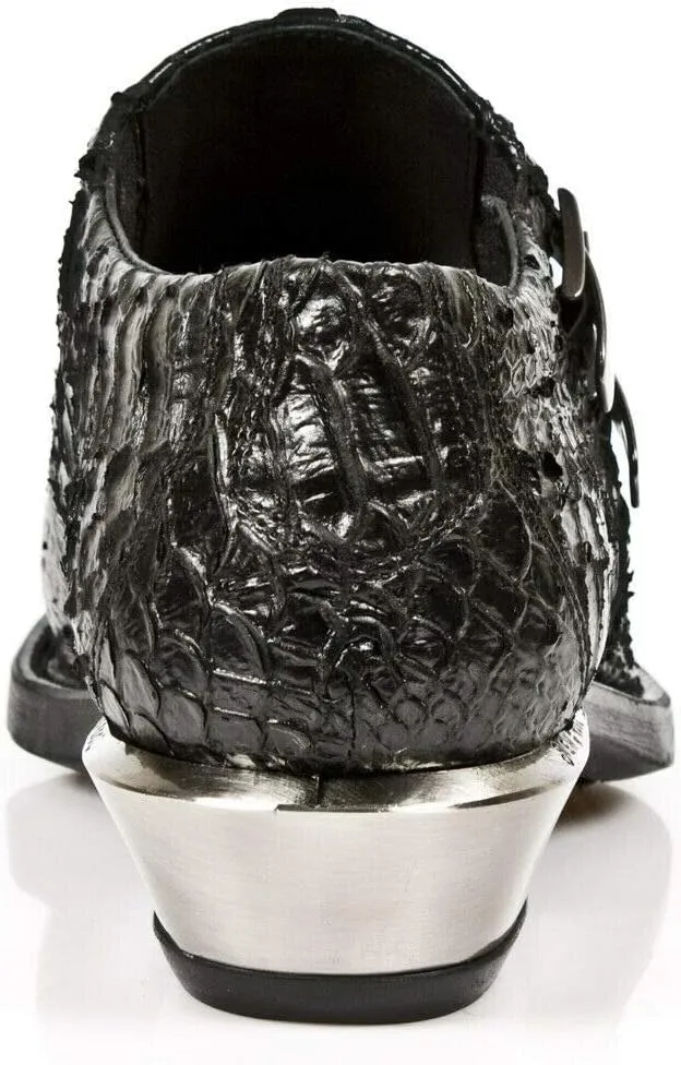 New Rock 7934-S2 Mens Embossed Black Leather Buckle Steel Heel Shoes Boot