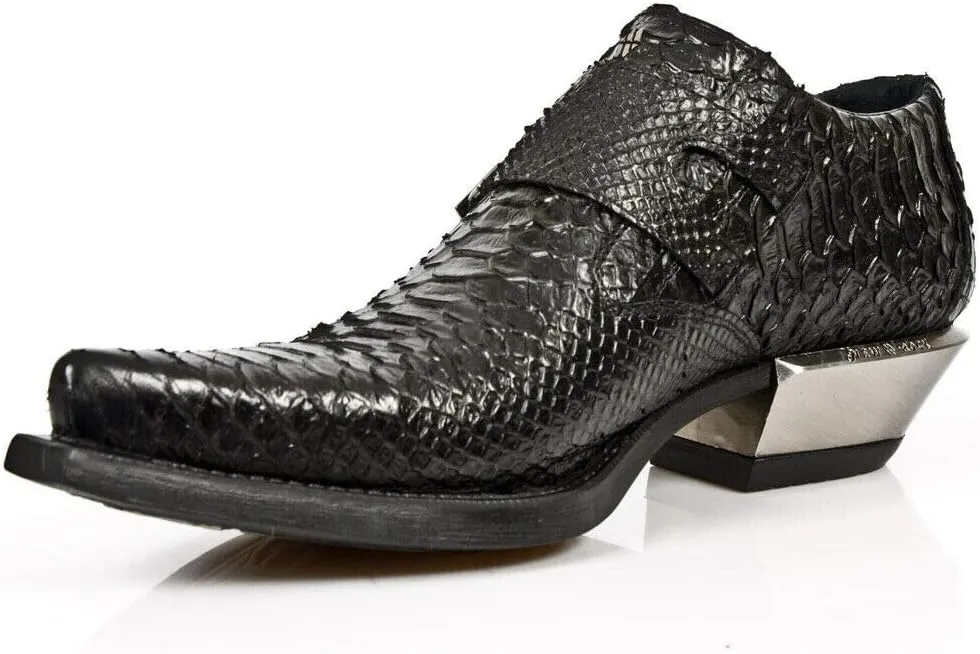 New Rock 7934-S2 Mens Embossed Black Leather Buckle Steel Heel Shoes Boot
