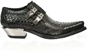New Rock 7934-S2 Mens Embossed Black Leather Buckle Steel Heel Shoes Boot