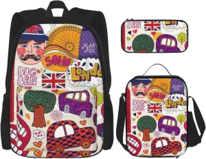 Newspaper in English Print 3-in-1 Waterproof Oxford Backpack Bundle & Lunch Bag & Pencil Pouch & Daily Use