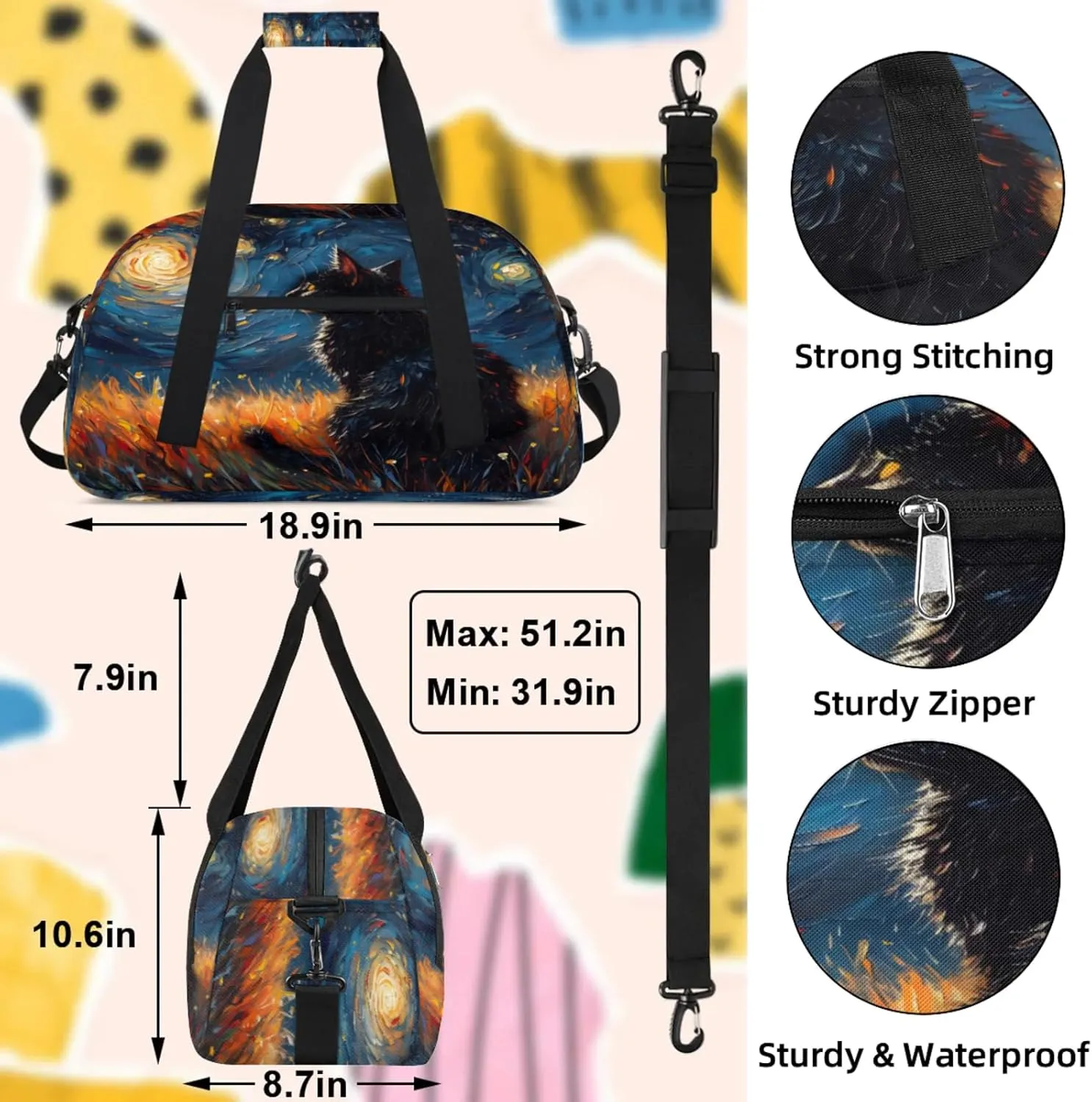 Night Black Cat Small Gym Bag 18 inch Carry On Duffel Bag for Weekender Travel Sports Workout Yoga Gymnastics Dance Ballet
