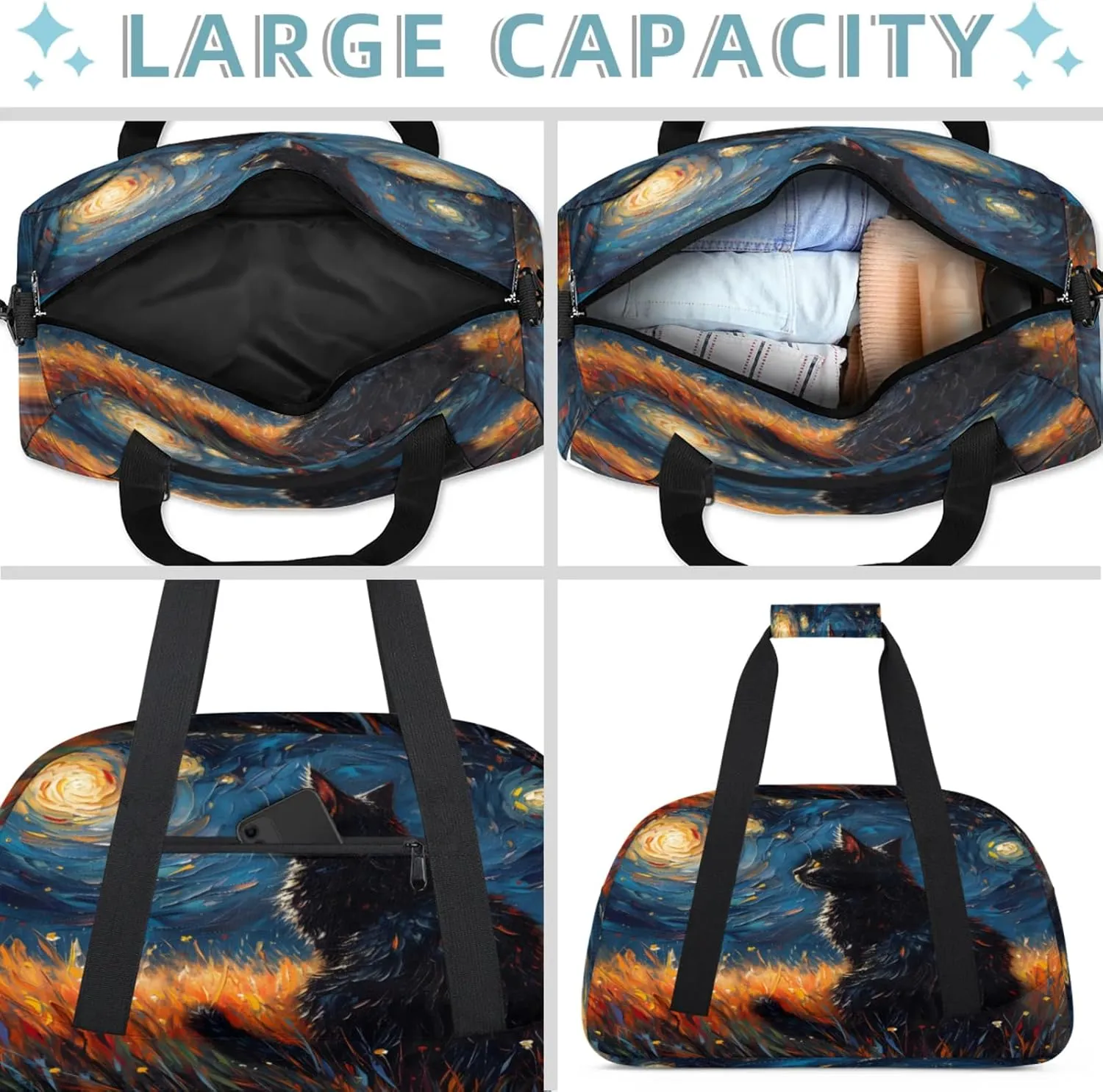 Night Black Cat Small Gym Bag 18 inch Carry On Duffel Bag for Weekender Travel Sports Workout Yoga Gymnastics Dance Ballet