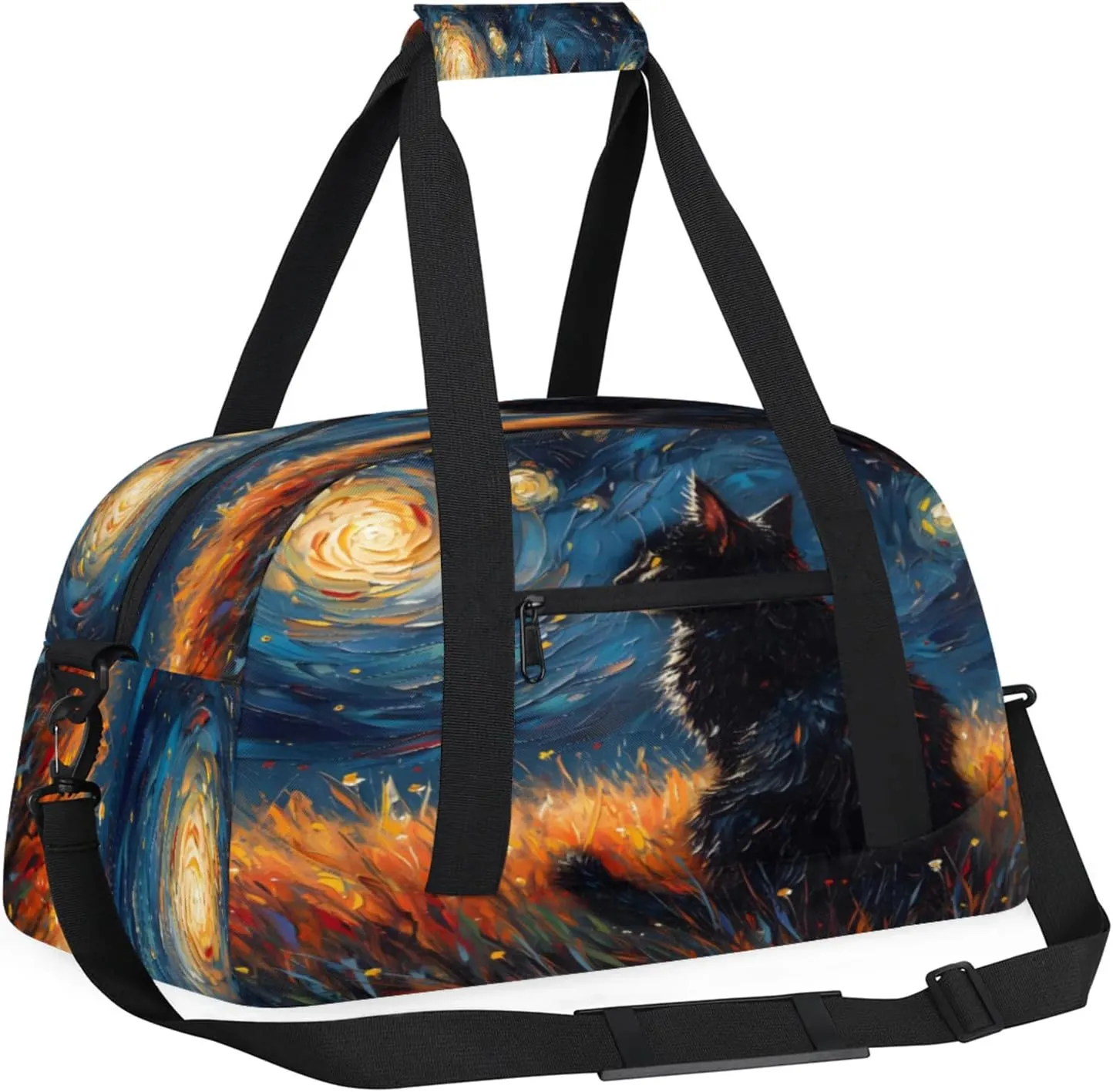 Night Black Cat Small Gym Bag 18 inch Carry On Duffel Bag for Weekender Travel Sports Workout Yoga Gymnastics Dance Ballet