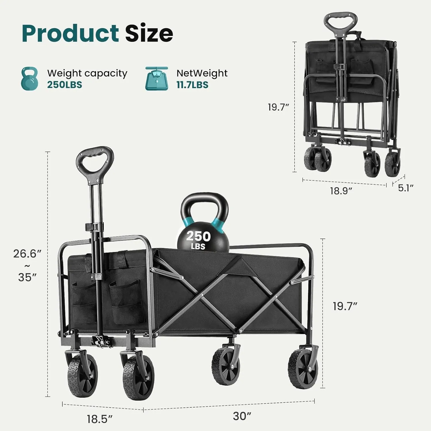 OLIXIS Heavy Duty Wagon Cart with Wheels Foldable,Large Collapsible Wagons Carts with All-Terrain Wheels,Smooth Maneuverability,Suitable for Gardening,Camping and Beach,Black