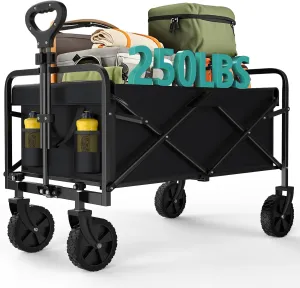 OLIXIS Heavy Duty Wagon Cart with Wheels Foldable,Large Collapsible Wagons Carts with All-Terrain Wheels,Smooth Maneuverability,Suitable for Gardening,Camping and Beach,Black