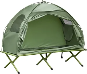 Outdoor Foldable Camping Tent with Folding Cot, Carrying Bag - Portable, Securing Strap, Mesh Window, Smooth Zipper, Non-Slip Foot Pad, Sturdy Metal Base, Capacity 225 lbs 102kg, Green