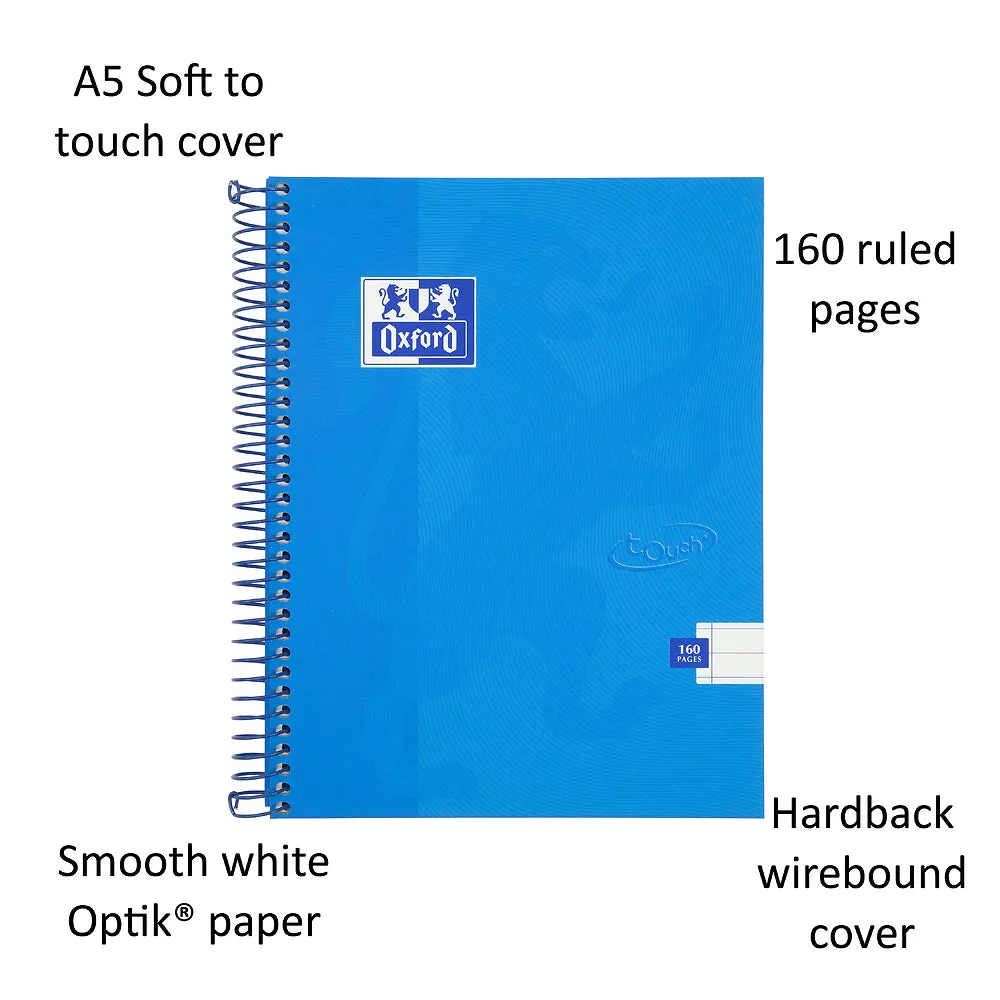 Oxford Touch Aqua A5 Wirebound Hardback Notebook, Ruled with 160 Pages