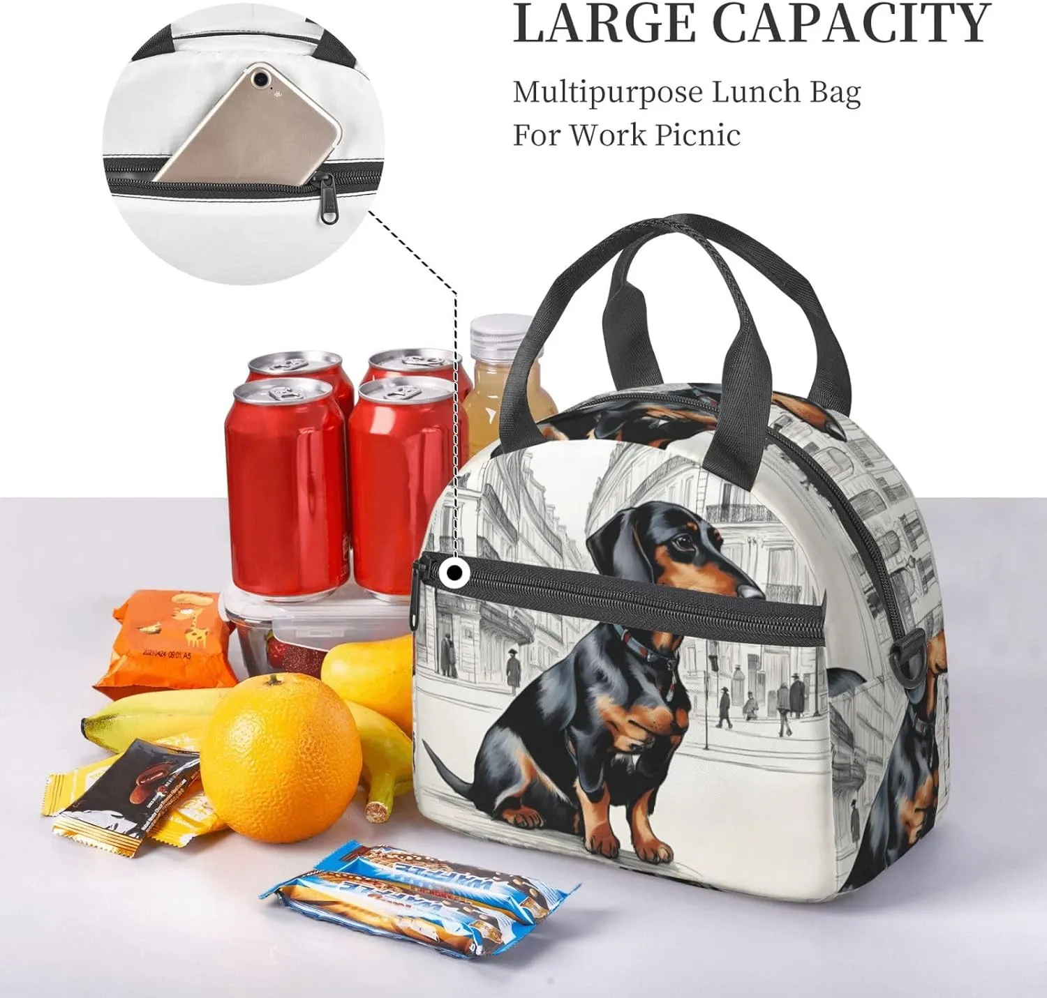 Parisian Dachshund Insulated Lunch Box Lunch Bag For Women Men Adult Size Reusable For Work Travel Outings
