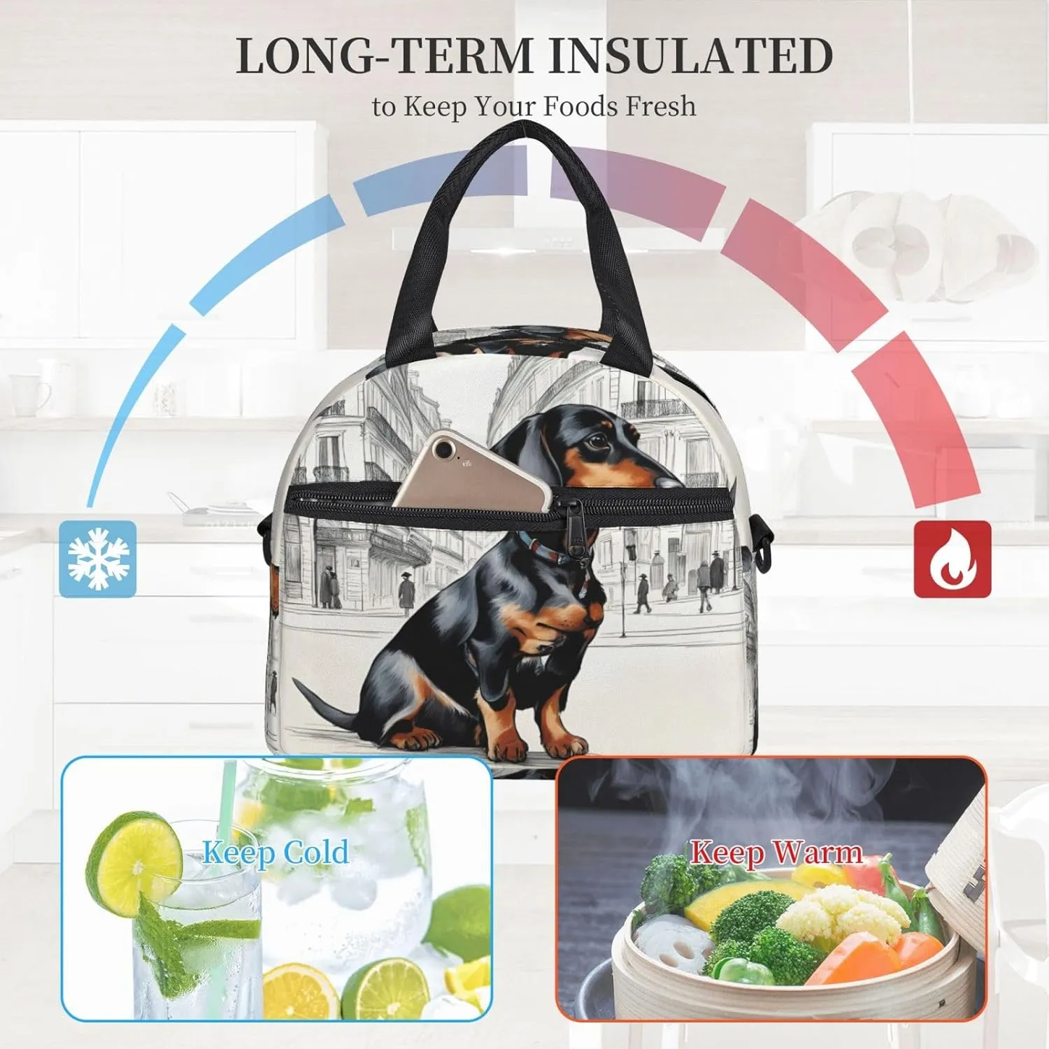 Parisian Dachshund Insulated Lunch Box Lunch Bag For Women Men Adult Size Reusable For Work Travel Outings
