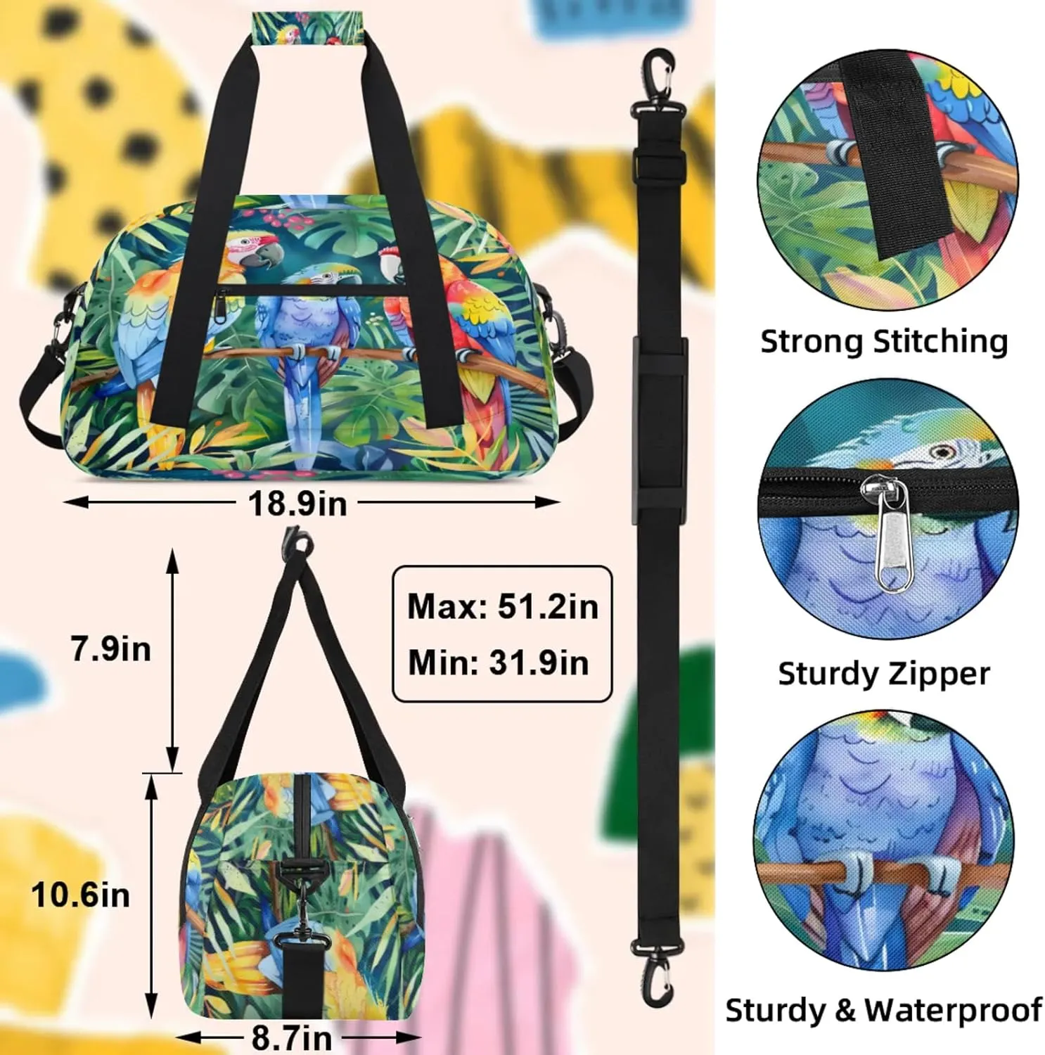 Parrot Tropical Palm Leaves Small Gym Bag 18 inch Carry On Duffel Bag for Weekender Travel Sports Workout Yoga Gymnastics Dance Ballet