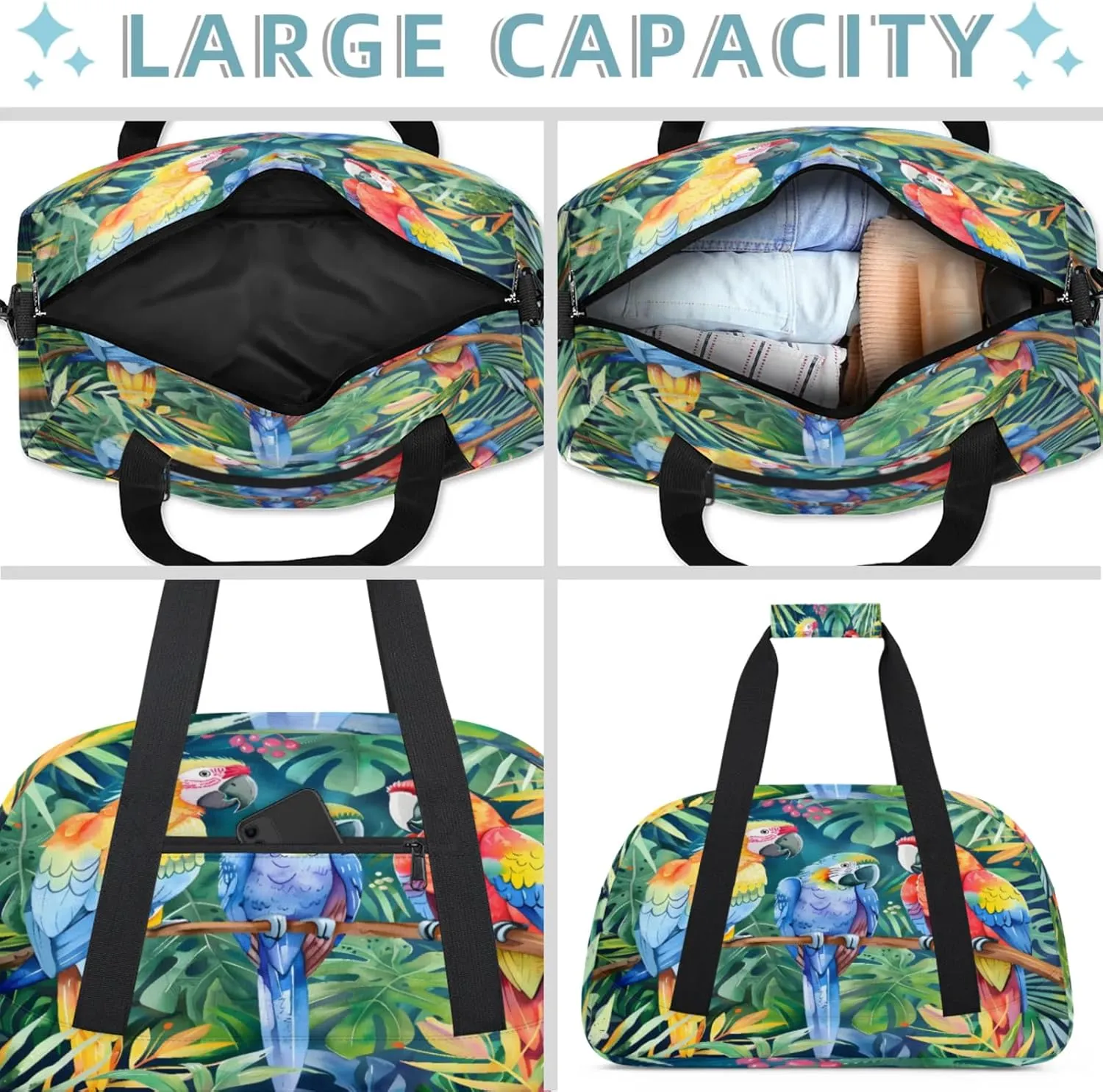 Parrot Tropical Palm Leaves Small Gym Bag 18 inch Carry On Duffel Bag for Weekender Travel Sports Workout Yoga Gymnastics Dance Ballet