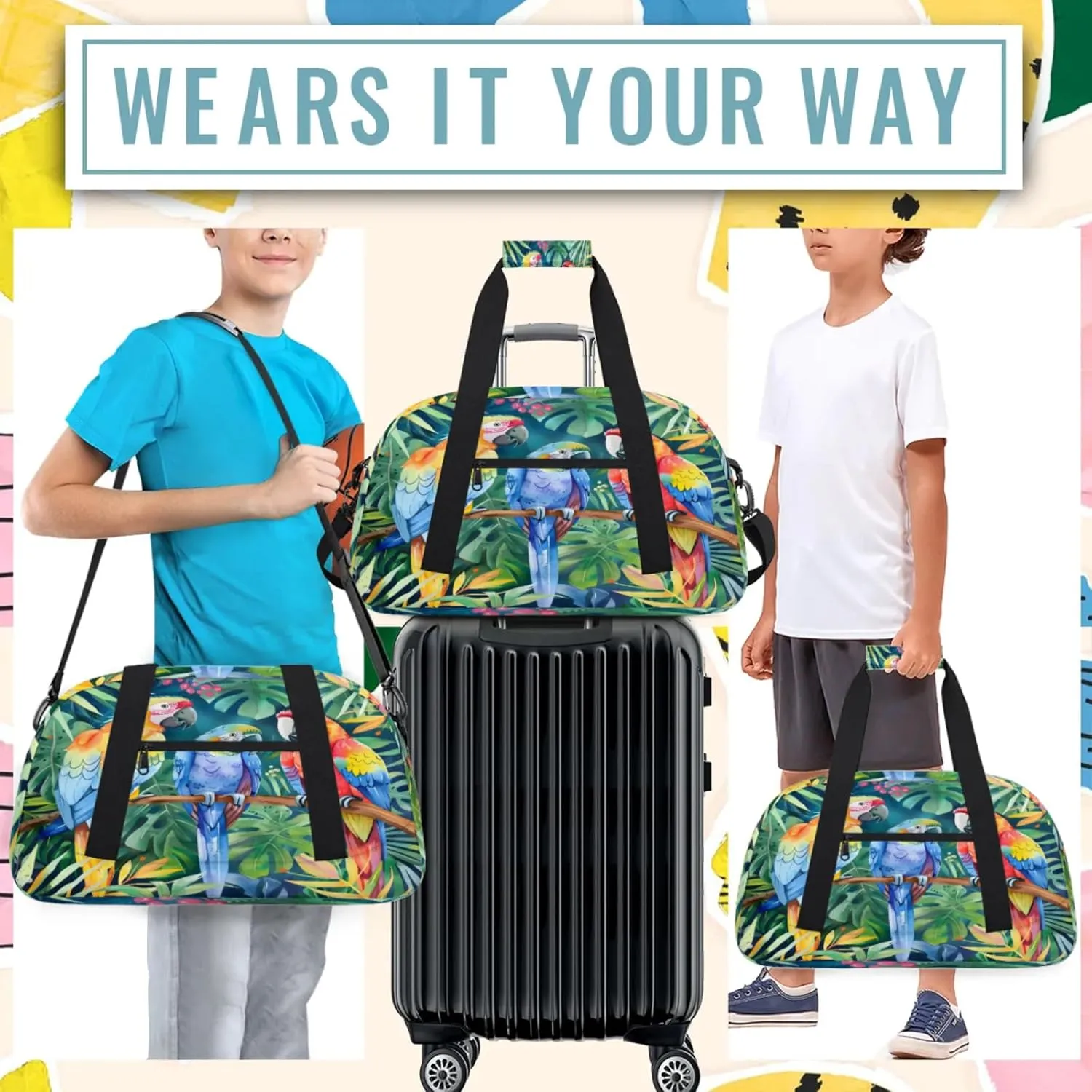 Parrot Tropical Palm Leaves Small Gym Bag 18 inch Carry On Duffel Bag for Weekender Travel Sports Workout Yoga Gymnastics Dance Ballet