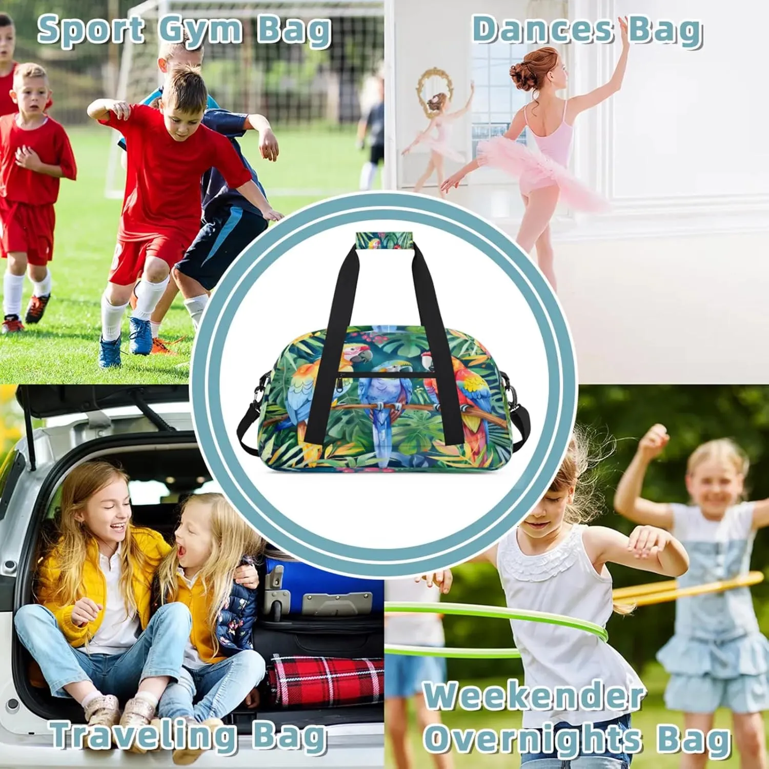 Parrot Tropical Palm Leaves Small Gym Bag 18 inch Carry On Duffel Bag for Weekender Travel Sports Workout Yoga Gymnastics Dance Ballet