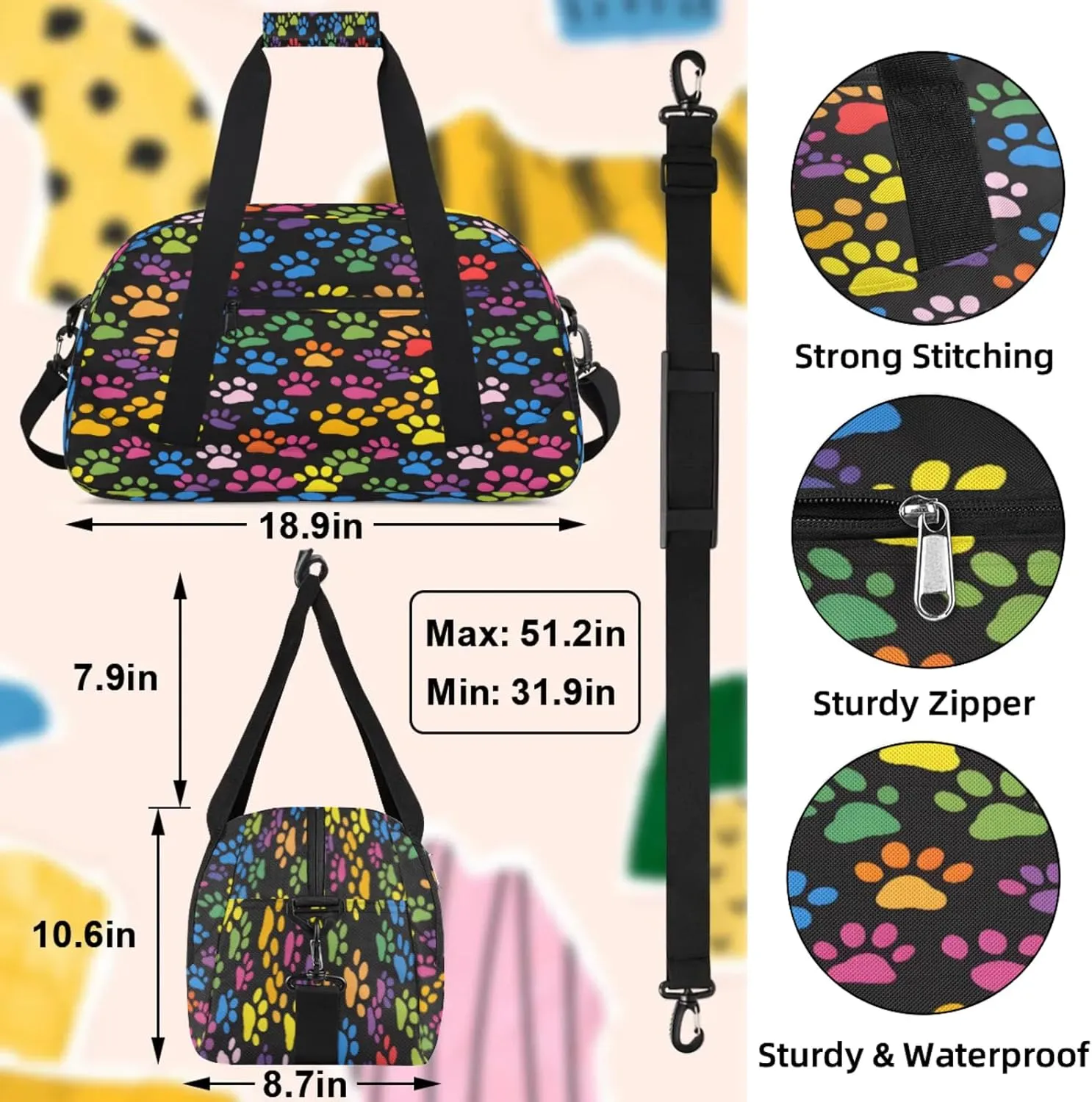 Paw Print Colorful Dog Paw Small Gym Bag 18 inch Carry On Duffel Bag for Weekender Travel Sports Workout Yoga Gymnastics Dance Ballet