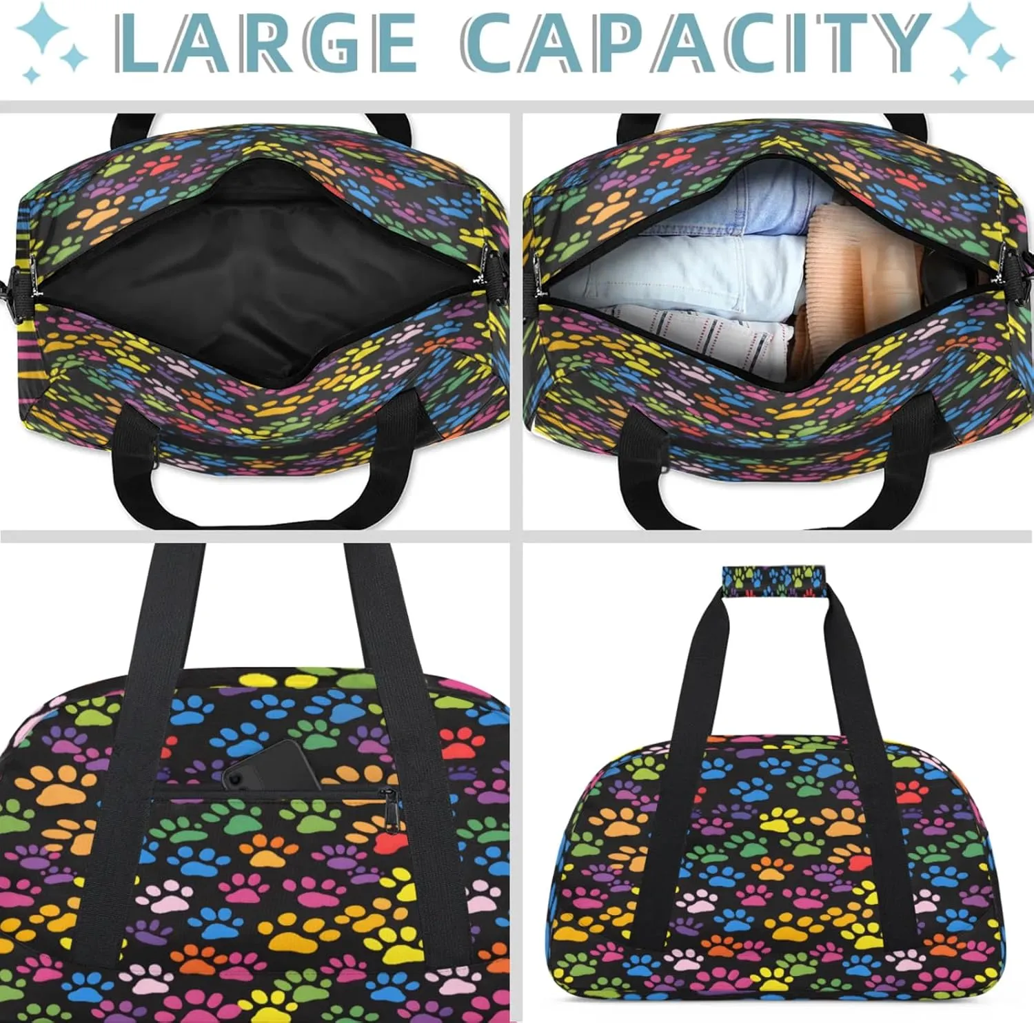 Paw Print Colorful Dog Paw Small Gym Bag 18 inch Carry On Duffel Bag for Weekender Travel Sports Workout Yoga Gymnastics Dance Ballet