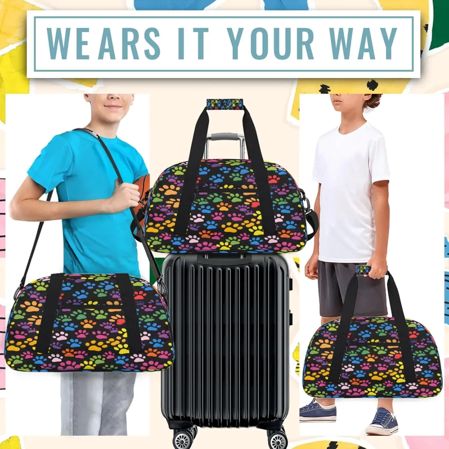 Paw Print Colorful Dog Paw Small Gym Bag 18 inch Carry On Duffel Bag for Weekender Travel Sports Workout Yoga Gymnastics Dance Ballet