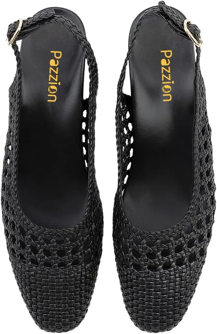Pazzion Womens Round Closed Toe Braided Pumps Slingback Strap Buckle Low Block Heels Stylish Prom Travel Shoes Size 4-16 US