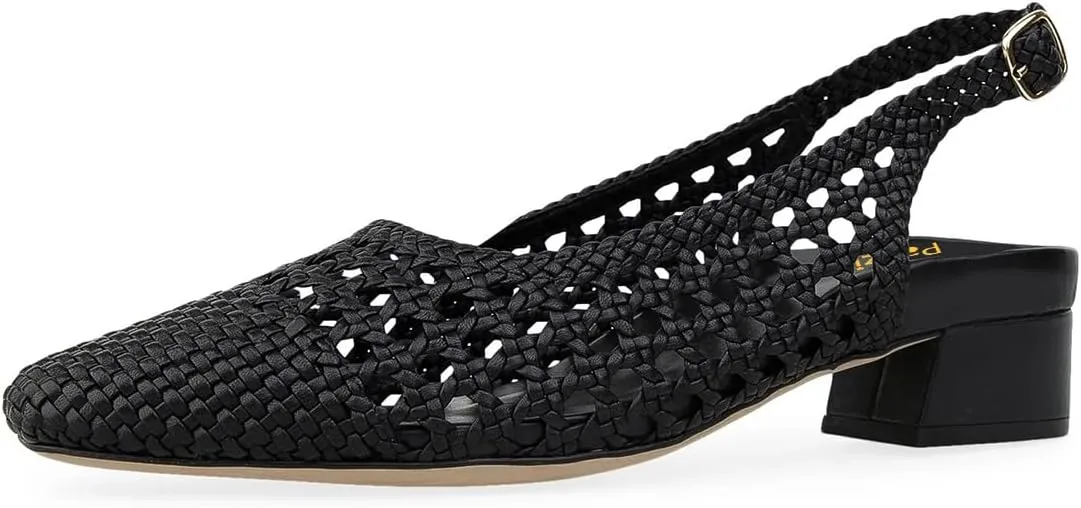 Pazzion Womens Round Closed Toe Braided Pumps Slingback Strap Buckle Low Block Heels Stylish Prom Travel Shoes Size 4-16 US