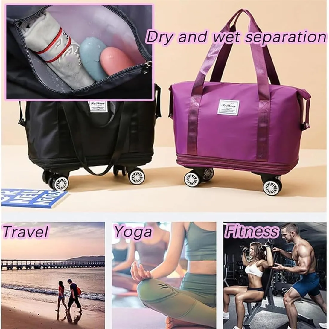 Pepepo Travel Bag with Wheels, 2025 New Large Capacity Travel Bag - Universal Wheel Removable, 48l Waterproof Expandable Foldable Duffle Bag (Black,One Size)