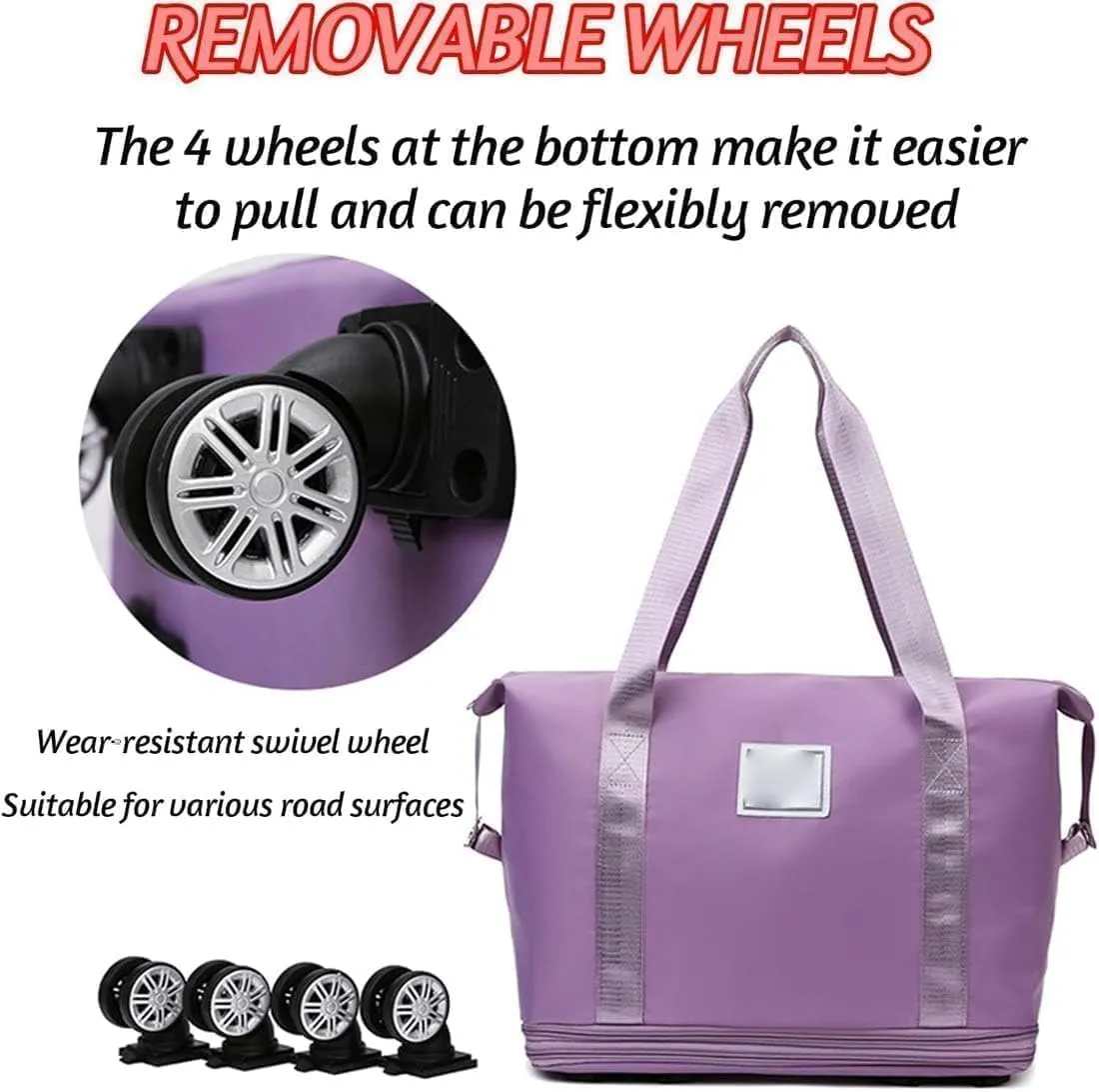 Pepepo Travel Bag with Wheels, 2025 New Large Capacity Travel Bag - Universal Wheel Removable, 48l Waterproof Expandable Foldable Duffle Bag (Light Purple,One Size)