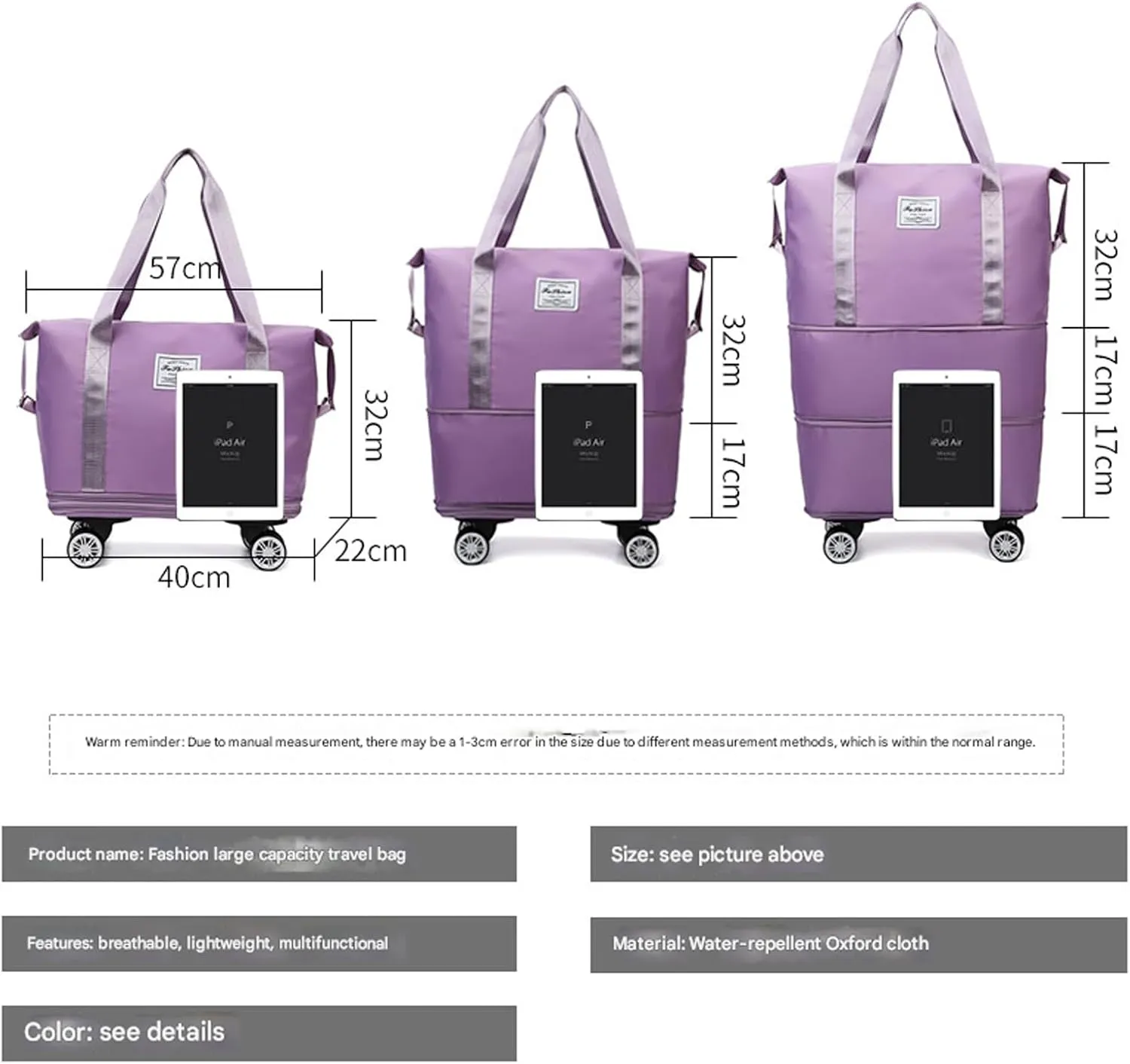 Pepepo Travel Bag with Wheels, 36/55L Klarson Expandable Bag with Wheels, 2025 New Large Capacity Travel Bag - Universal Wheel Removable, Expandable Foldable Duffle Bags (Purple)