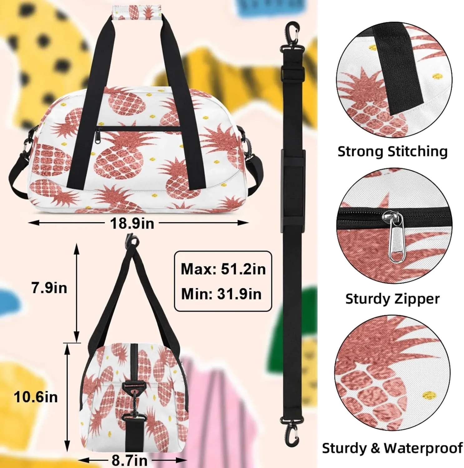 Pineapples Fruits Small Gym Bag 18 inch Carry On Duffel Bag for Weekender Travel Sports Workout Yoga Gymnastics Dance Ballet