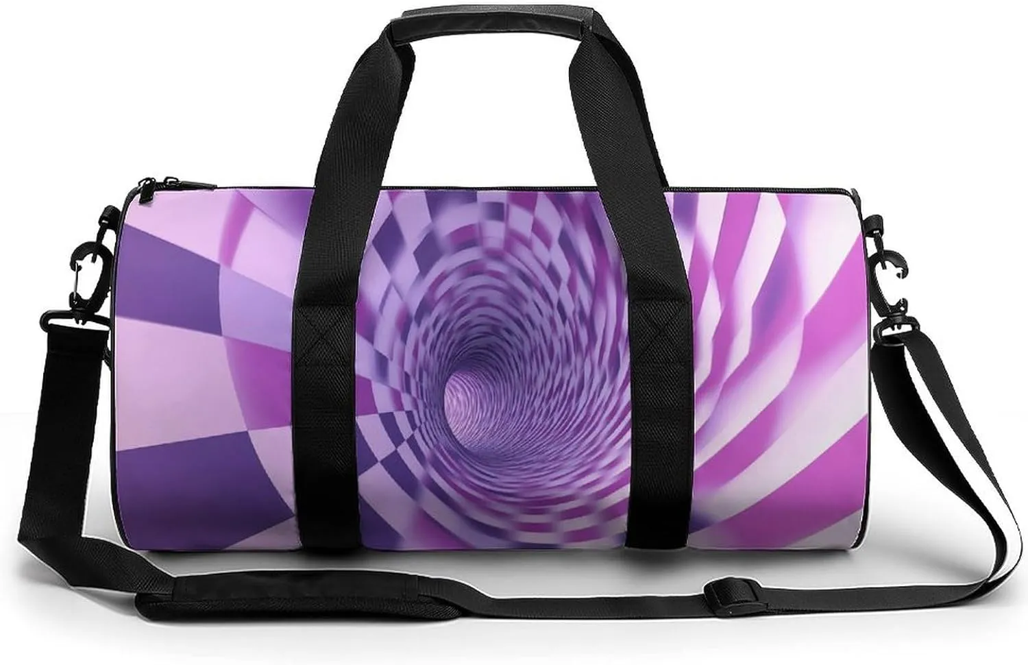 Pink And Lavender Swirling Checkered Pattern Travel Gym Bag for Women Men Optical Illusion Cylindrical Duffle Bag Sport Workout Bag with Shoulder Strap