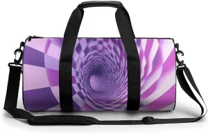 Pink And Lavender Swirling Checkered Pattern Travel Gym Bag for Women Men Optical Illusion Cylindrical Duffle Bag Sport Workout Bag with Shoulder Strap