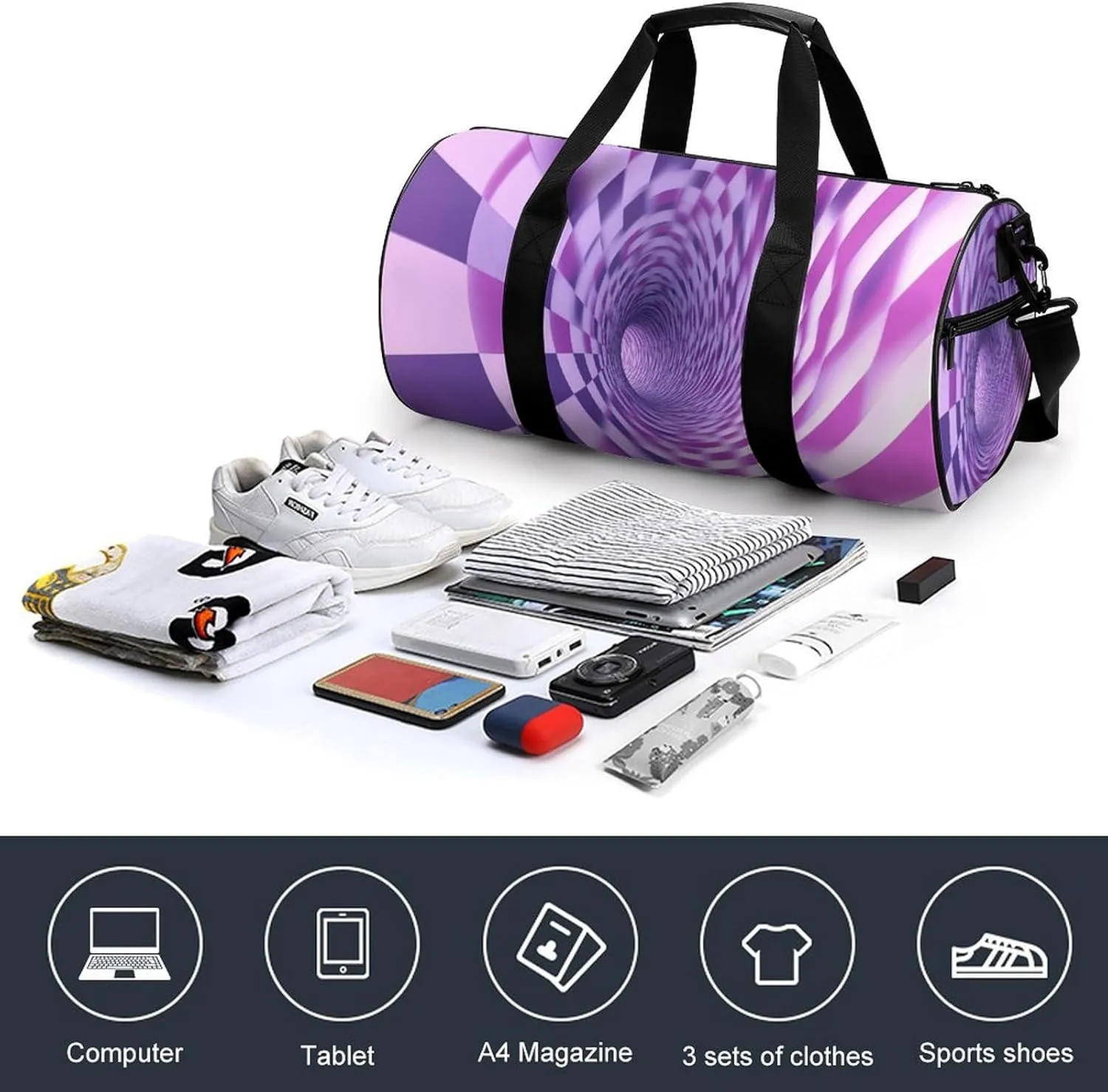 Pink And Lavender Swirling Checkered Pattern Travel Gym Bag for Women Men Optical Illusion Cylindrical Duffle Bag Sport Workout Bag with Shoulder Strap