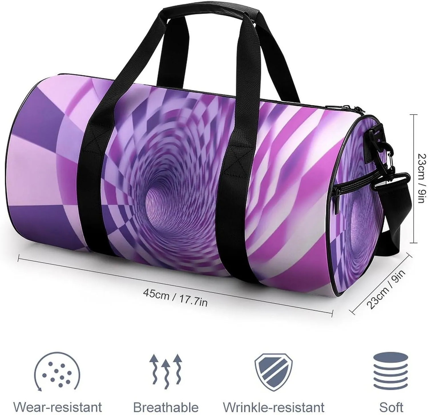 Pink And Lavender Swirling Checkered Pattern Travel Gym Bag for Women Men Optical Illusion Cylindrical Duffle Bag Sport Workout Bag with Shoulder Strap