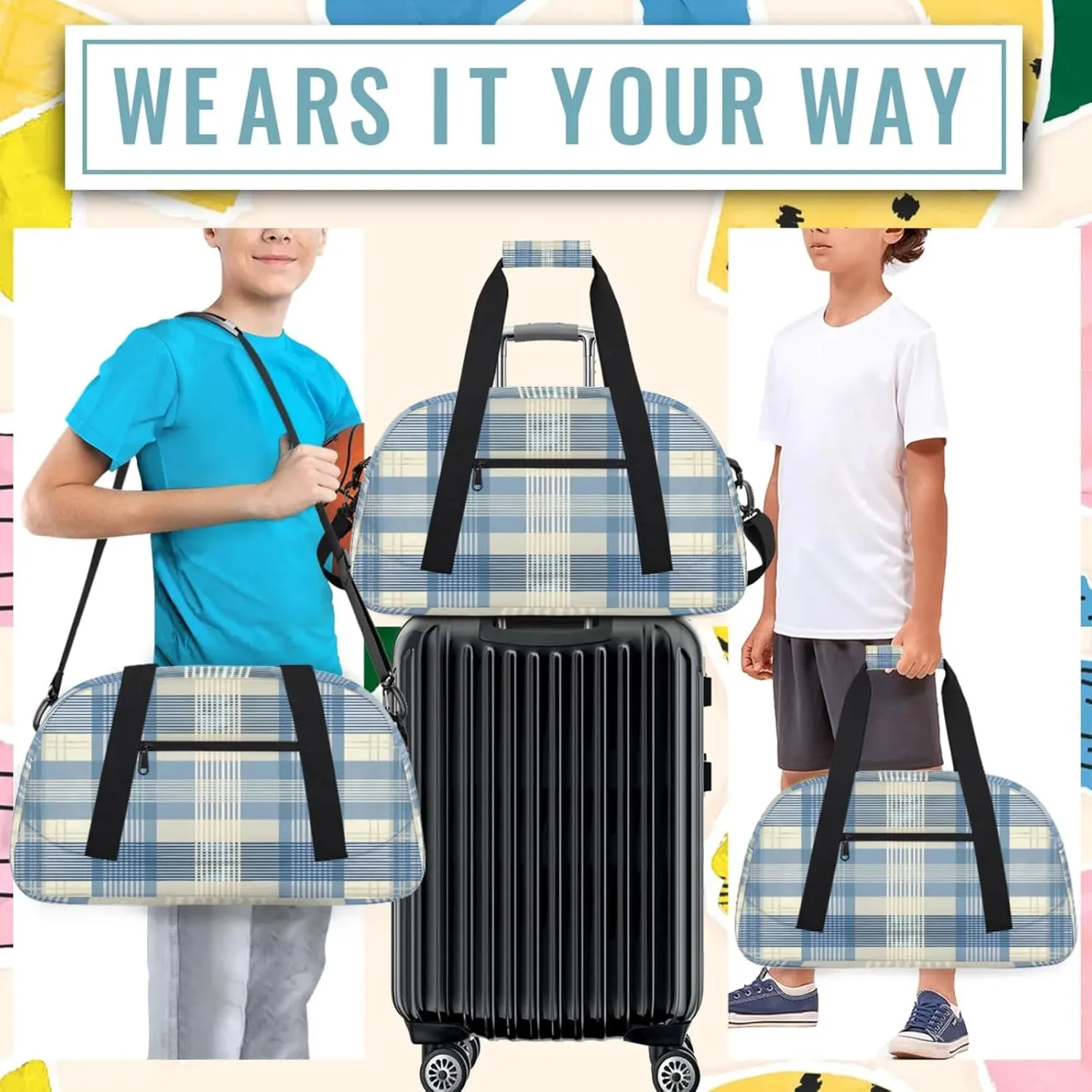 Plaid Blue Check Small Gym Bag 18 inch Carry On Duffel Bag for Weekender Travel Sports Workout Yoga Gymnastics Dance Ballet