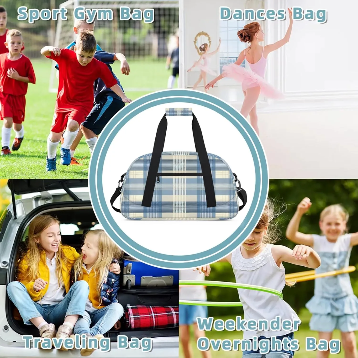 Plaid Blue Check Small Gym Bag 18 inch Carry On Duffel Bag for Weekender Travel Sports Workout Yoga Gymnastics Dance Ballet