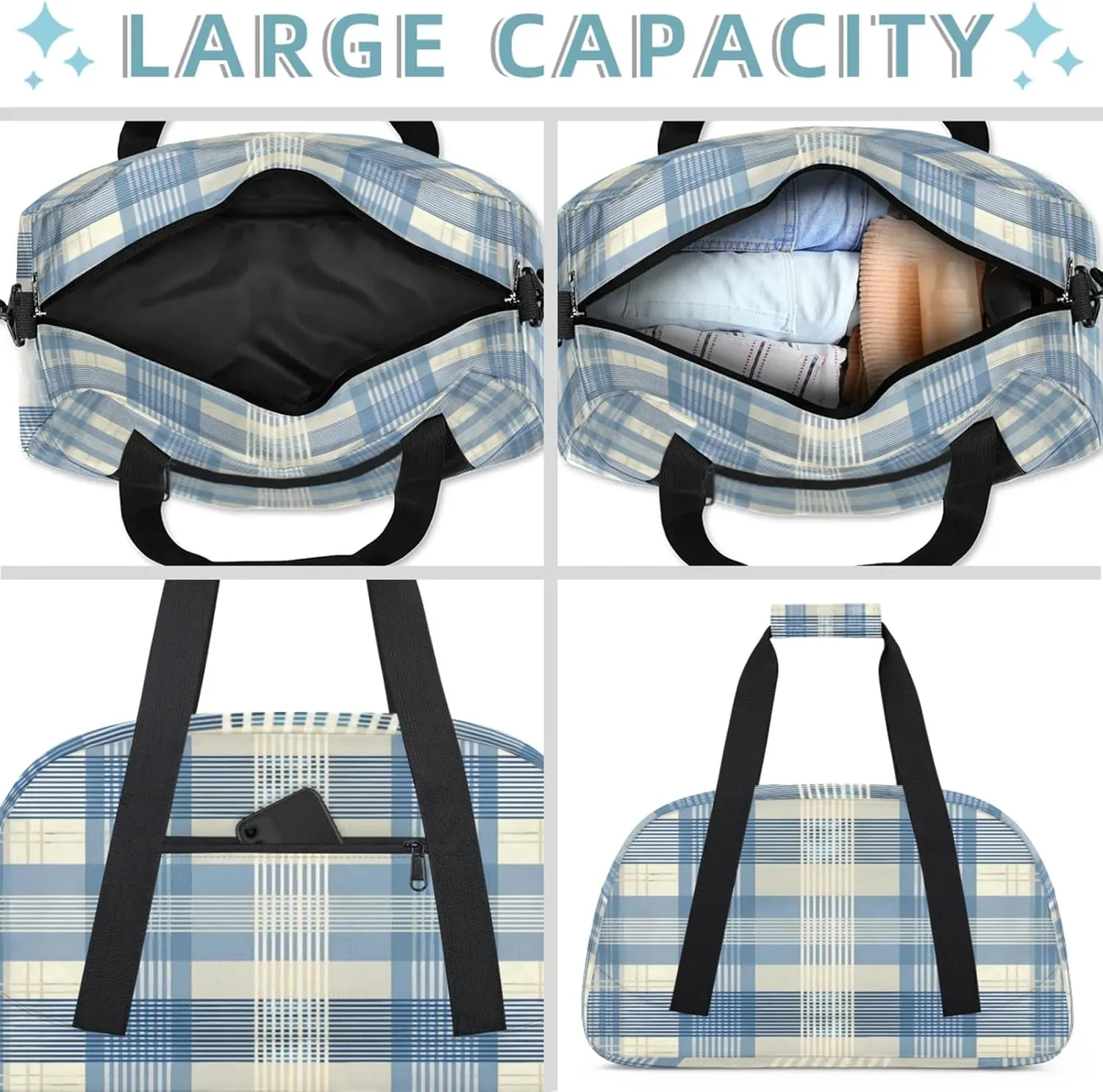 Plaid Blue Check Small Gym Bag 18 inch Carry On Duffel Bag for Weekender Travel Sports Workout Yoga Gymnastics Dance Ballet