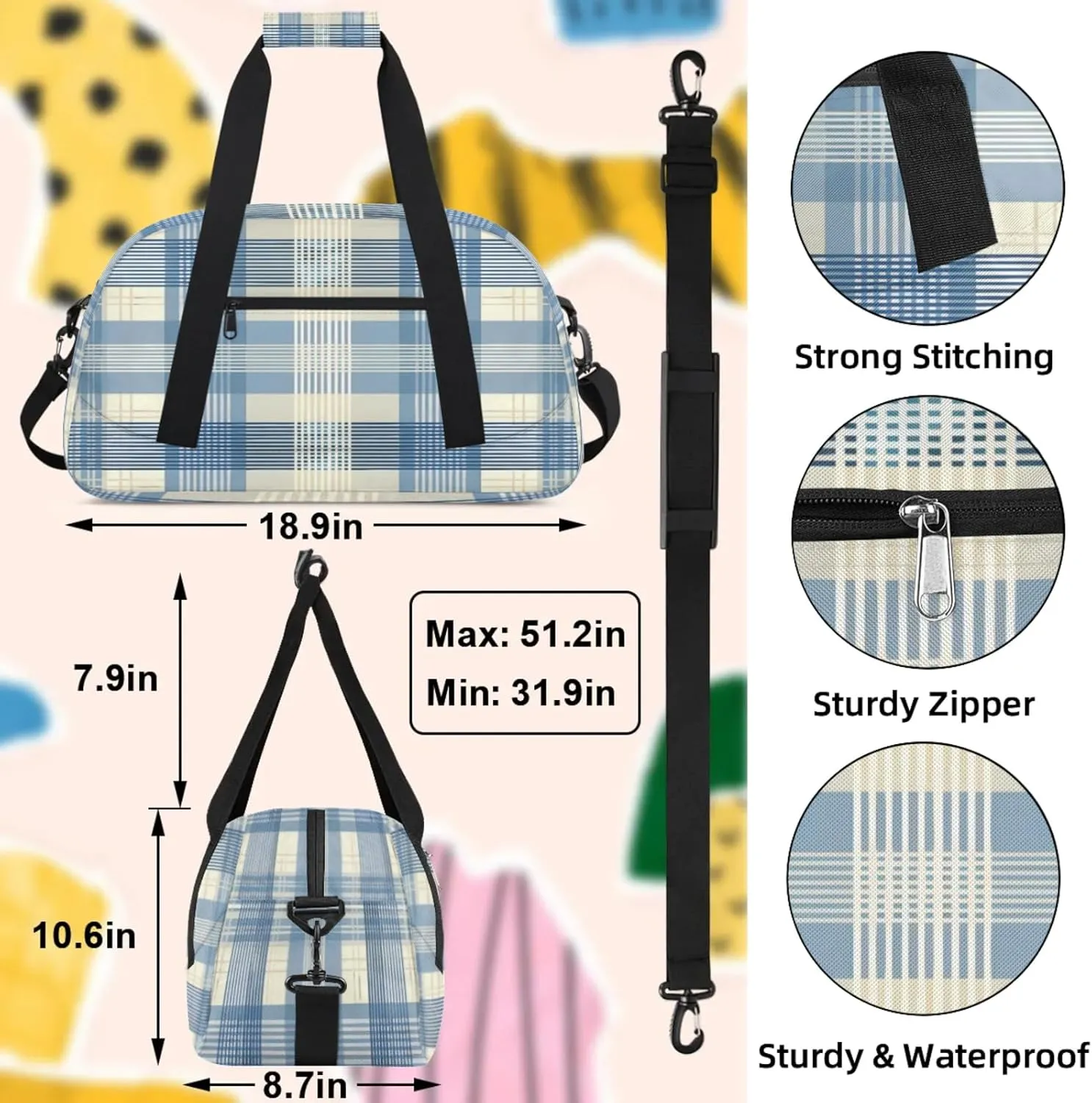 Plaid Blue Check Small Gym Bag 18 inch Carry On Duffel Bag for Weekender Travel Sports Workout Yoga Gymnastics Dance Ballet