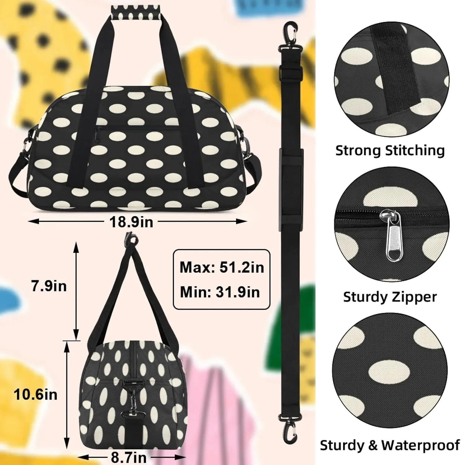 Polka Dot Black White Small Gym Bag 18 inch Carry On Duffel Bag for Weekender Travel Sports Workout Yoga Gymnastics Dance Ballet