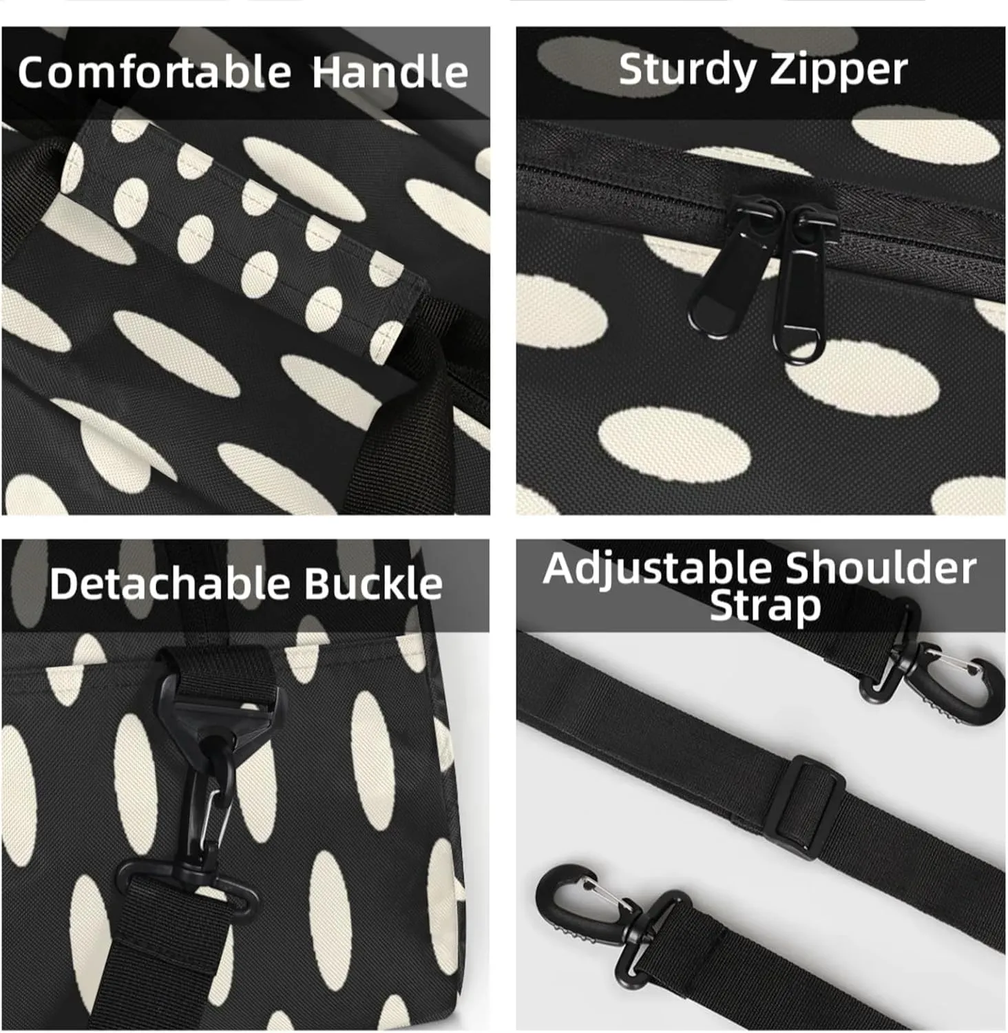 Polka Dot Black White Small Gym Bag 18 inch Carry On Duffel Bag for Weekender Travel Sports Workout Yoga Gymnastics Dance Ballet