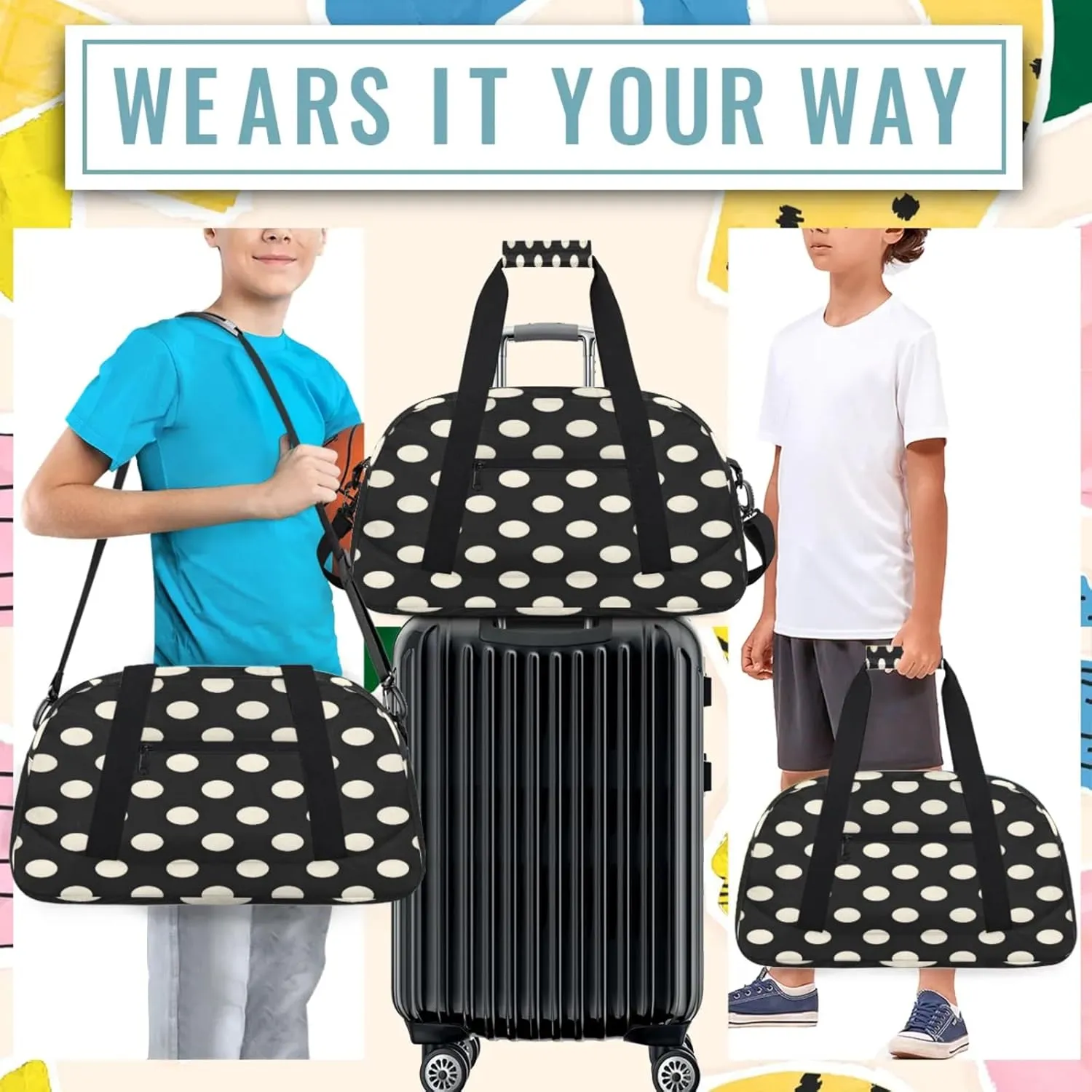 Polka Dot Black White Small Gym Bag 18 inch Carry On Duffel Bag for Weekender Travel Sports Workout Yoga Gymnastics Dance Ballet