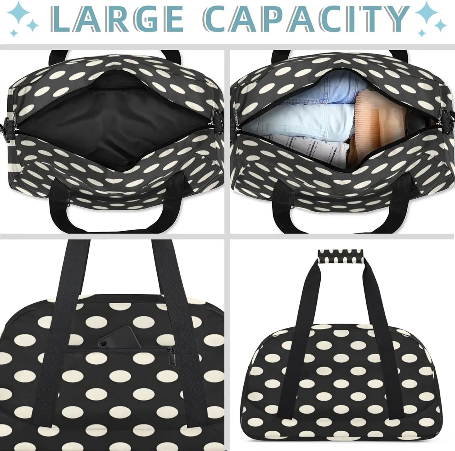 Polka Dot Black White Small Gym Bag 18 inch Carry On Duffel Bag for Weekender Travel Sports Workout Yoga Gymnastics Dance Ballet